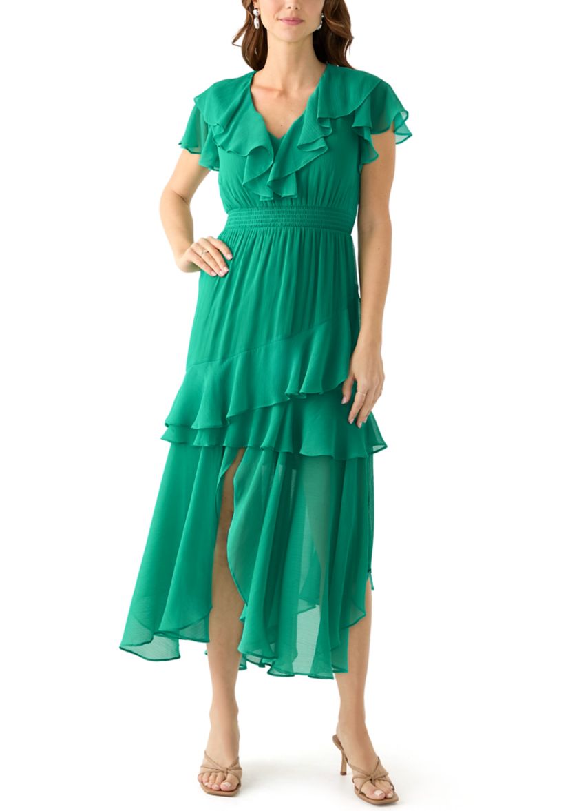 Womens Flutter Sleeve Solid Tiered Ruffle Dress