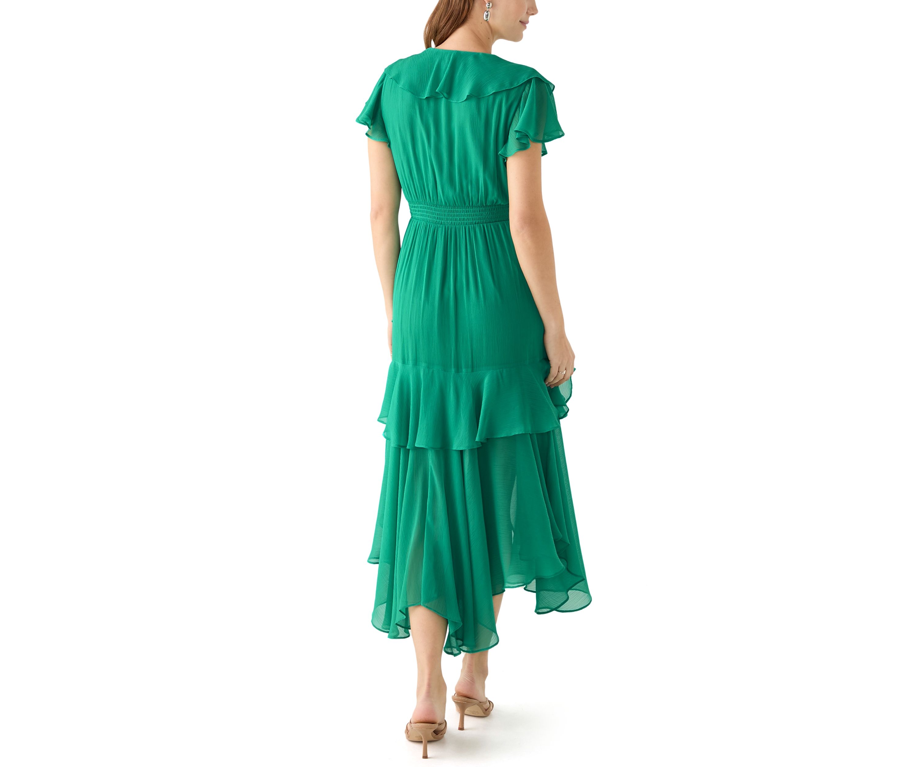 Womens Flutter Sleeve Solid Tiered Ruffle Dress