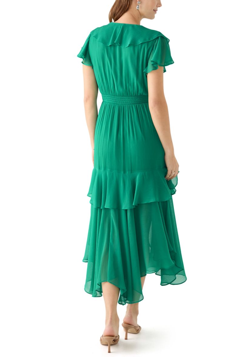 Womens Flutter Sleeve Solid Tiered Ruffle Dress