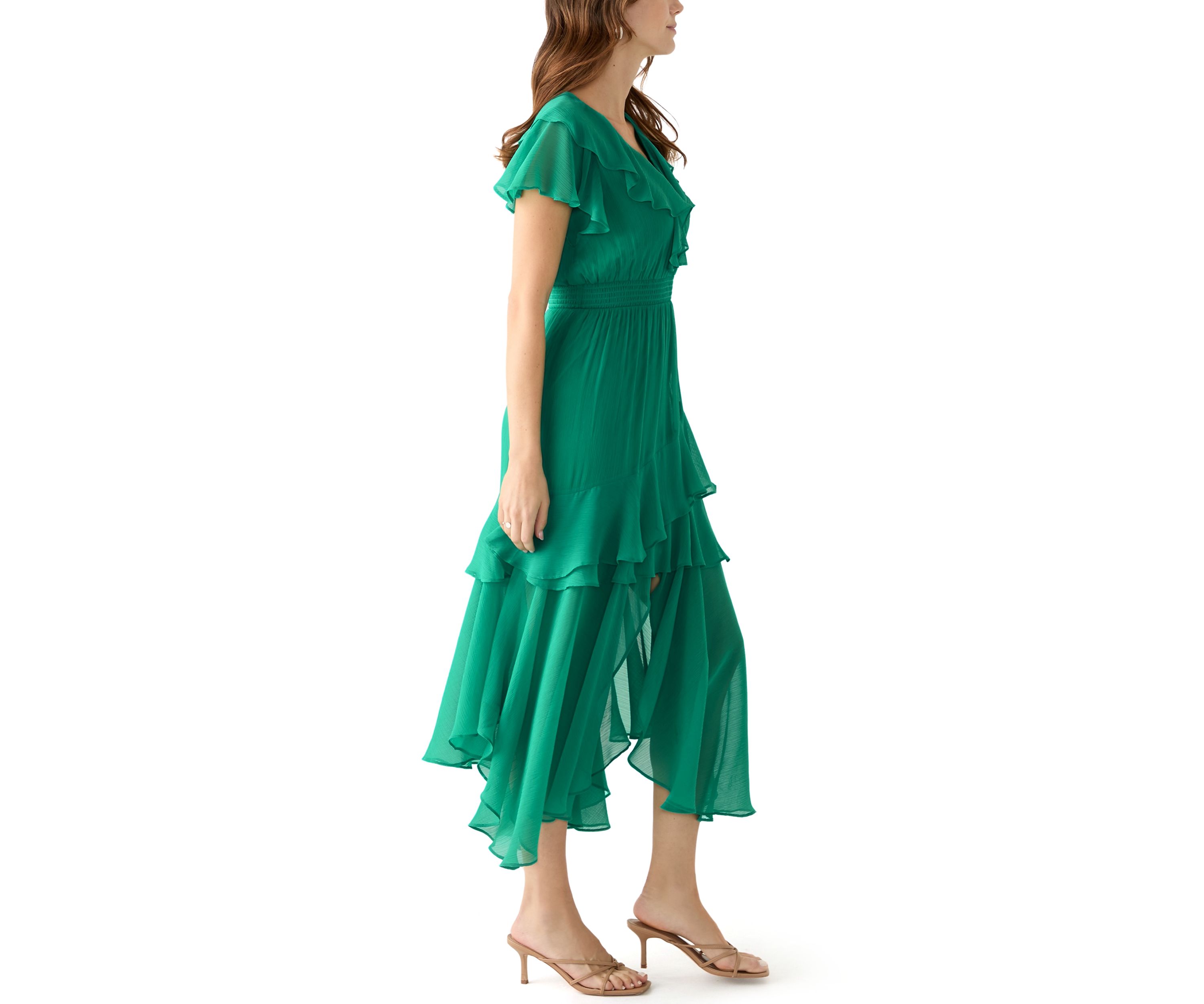 Womens Flutter Sleeve Solid Tiered Ruffle Dress