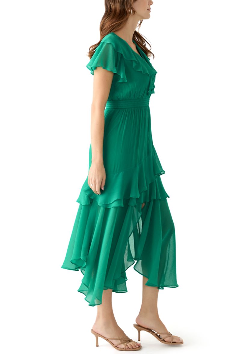 Womens Flutter Sleeve Solid Tiered Ruffle Dress