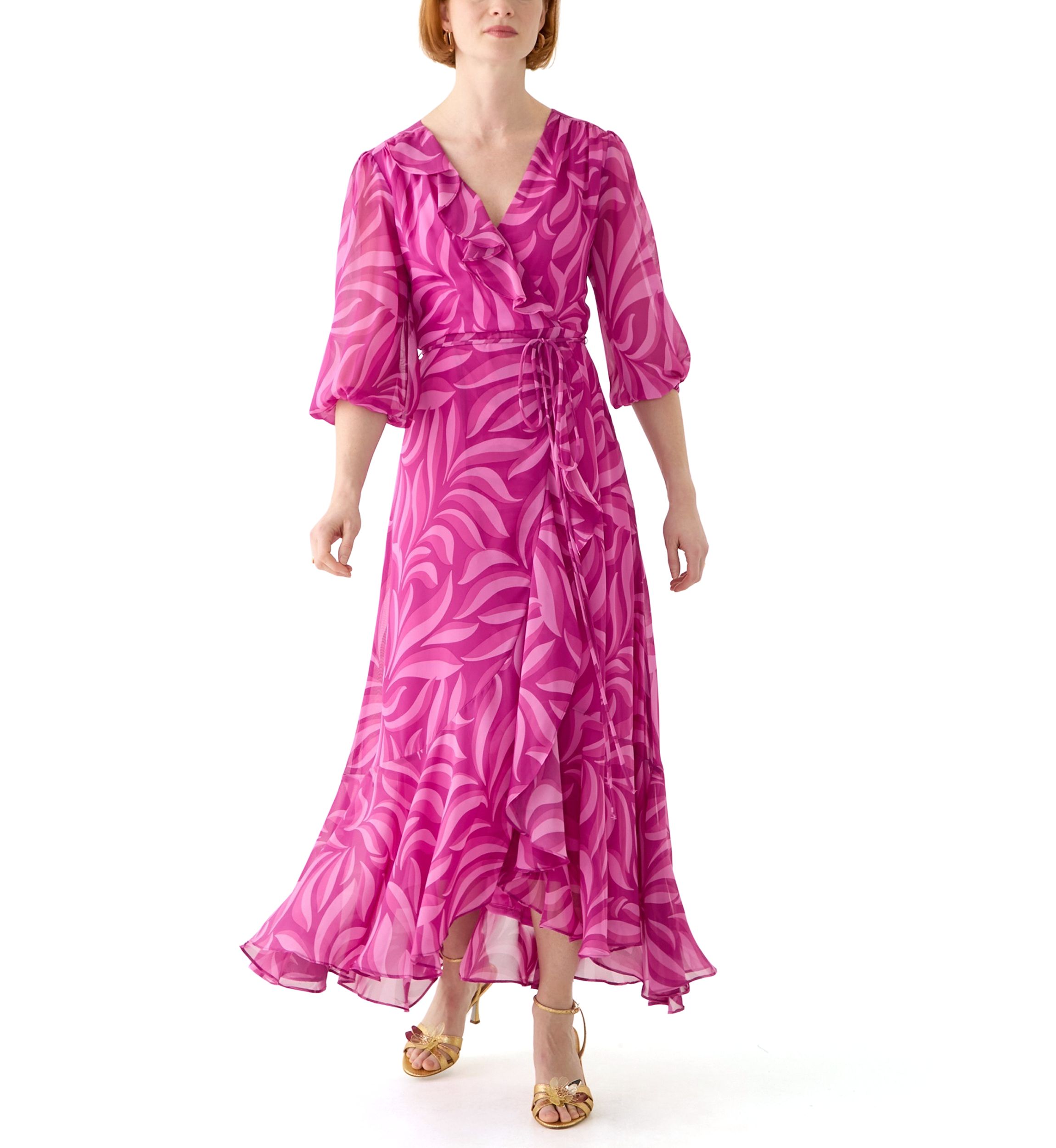 Womens V-Neck Printed Chiffon Fit and Flare Dress