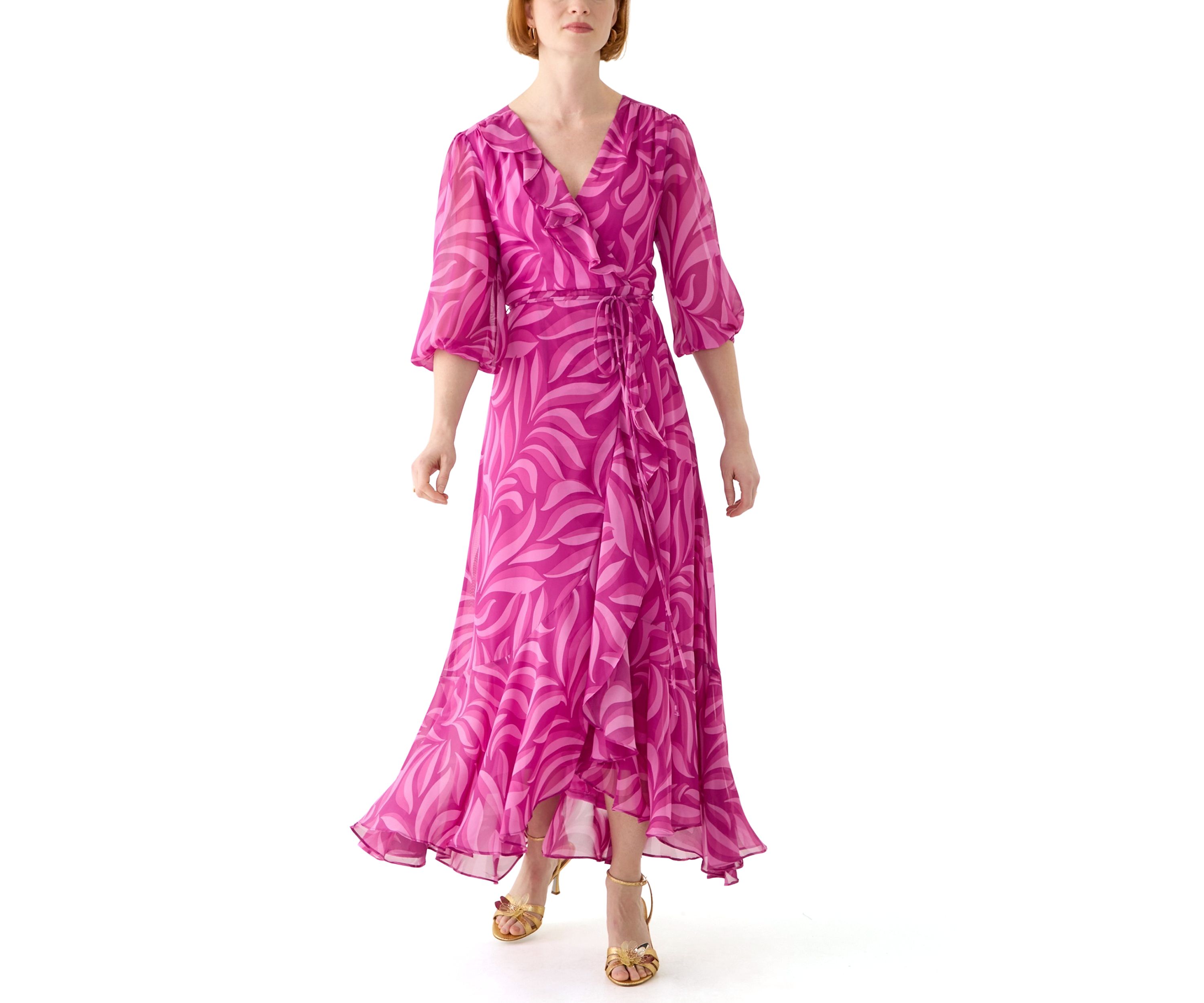 Womens V-Neck Printed Chiffon Fit and Flare Dress
