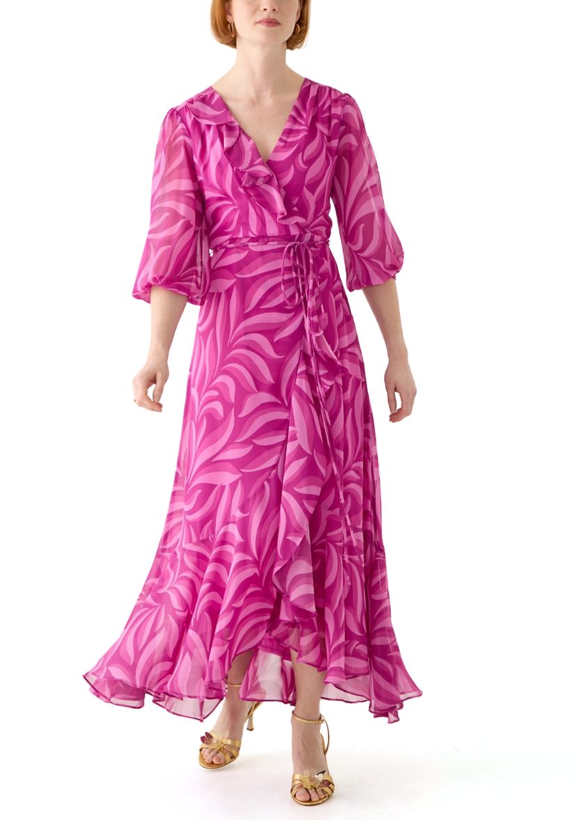 Womens V-Neck Printed Chiffon Fit and Flare Dress