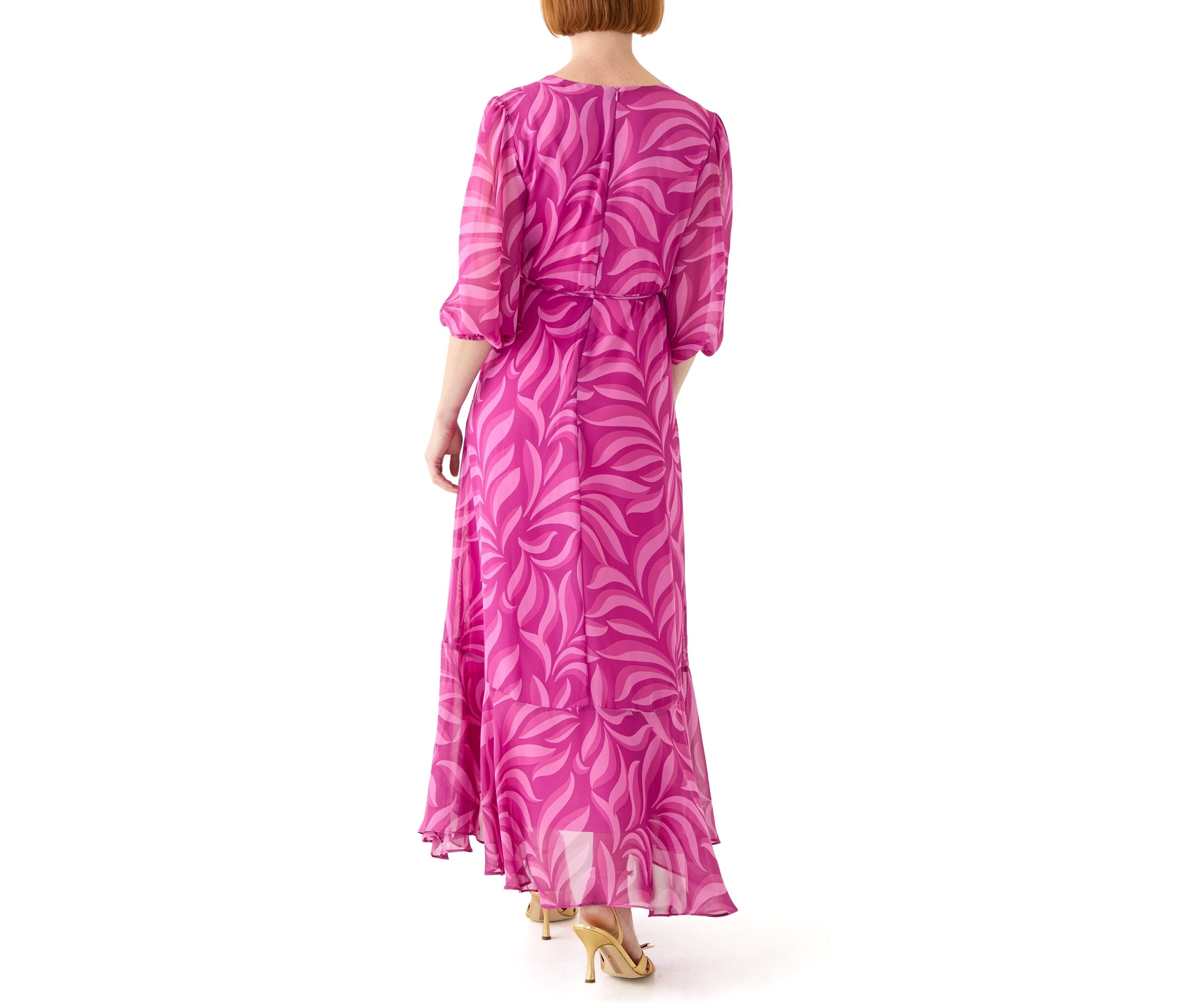 Womens V-Neck Printed Chiffon Fit and Flare Dress