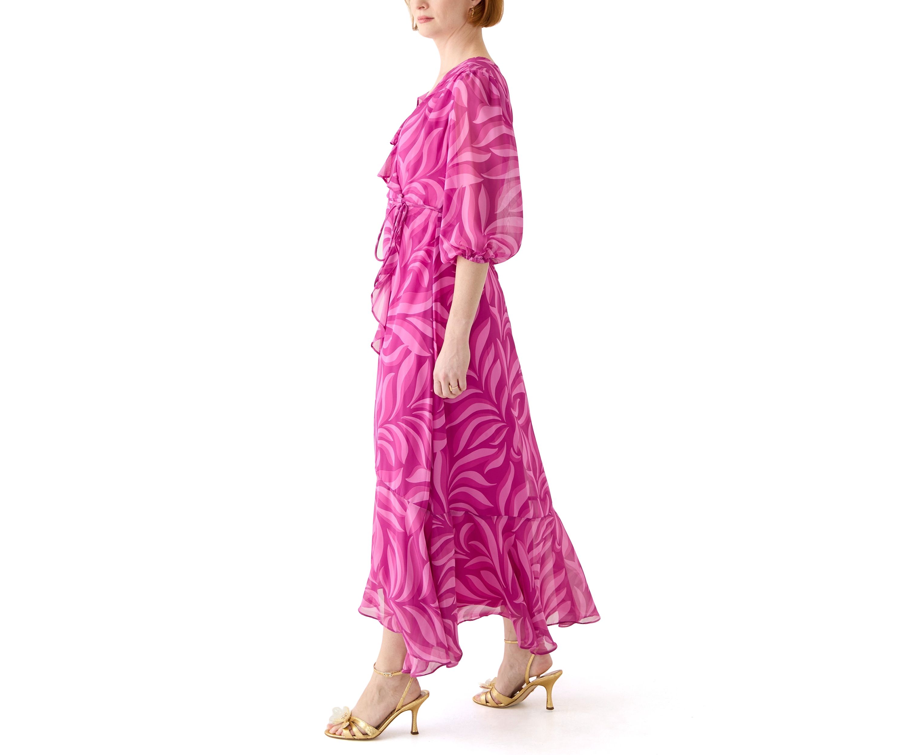 Womens V-Neck Printed Chiffon Fit and Flare Dress