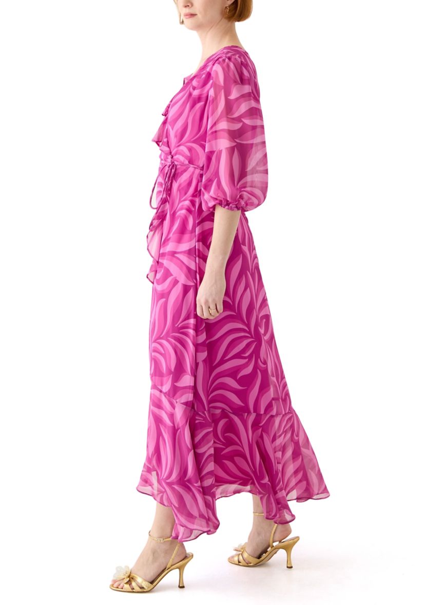 Womens V-Neck Printed Chiffon Fit and Flare Dress