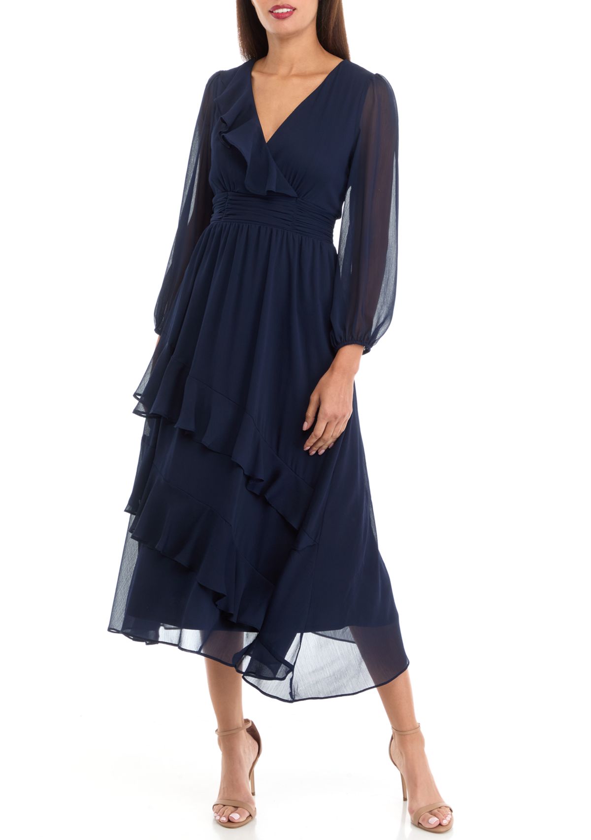 Womens V-Neck Solid Chiffon Fit and Flare Dress