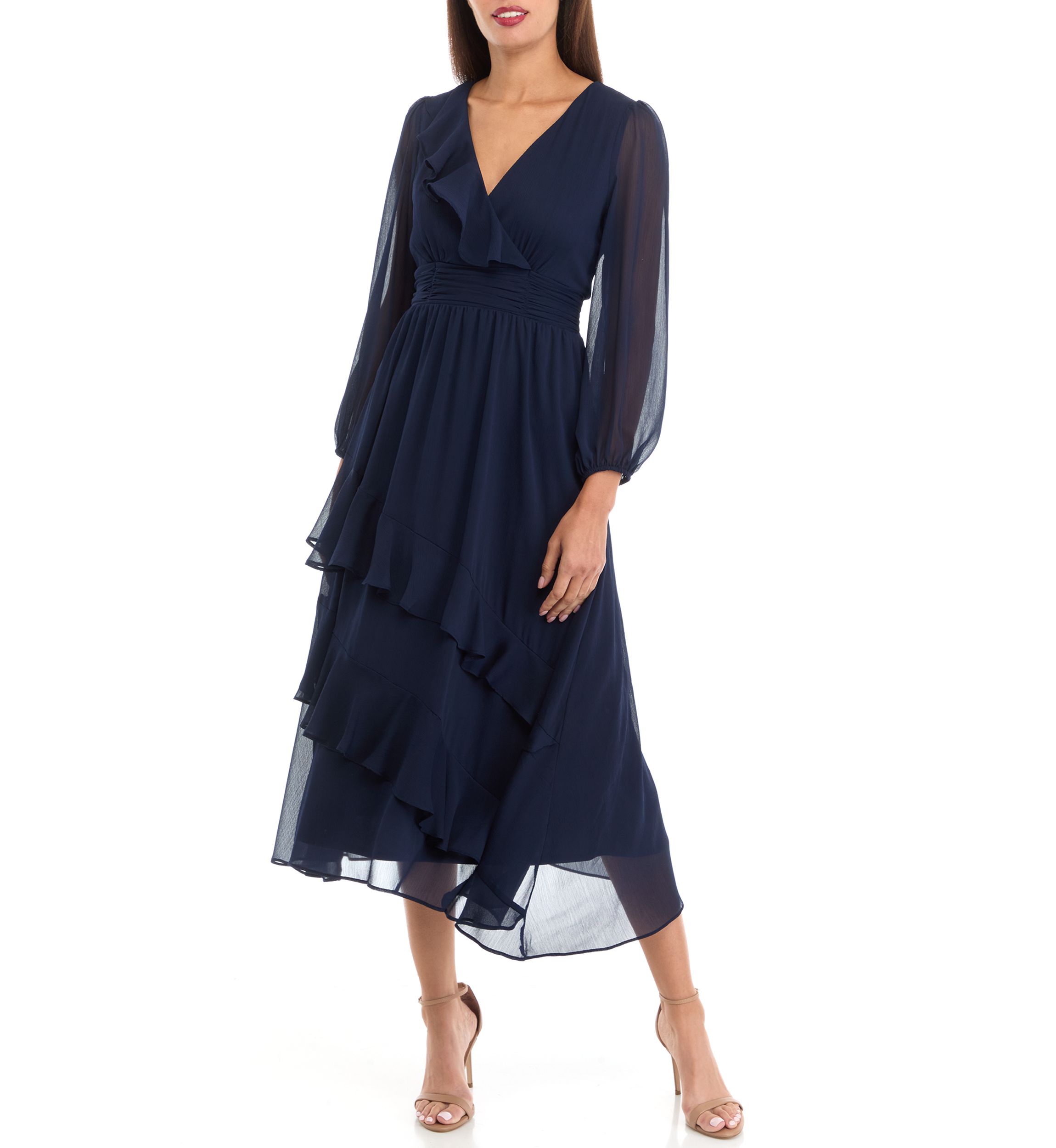 Womens V-Neck Solid Chiffon Fit and Flare Dress