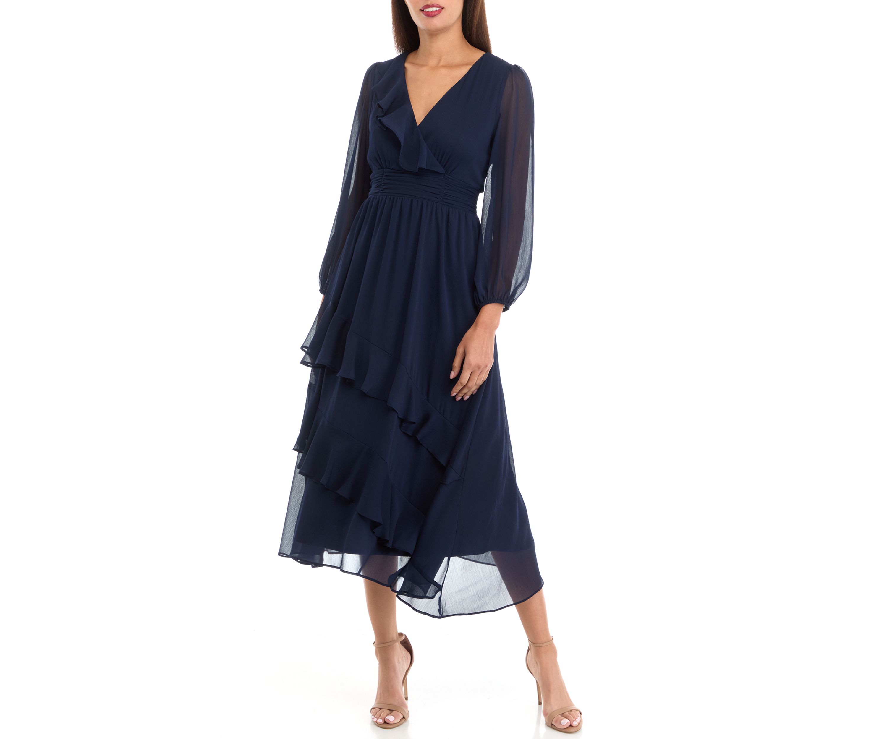 Womens V-Neck Solid Chiffon Fit and Flare Dress