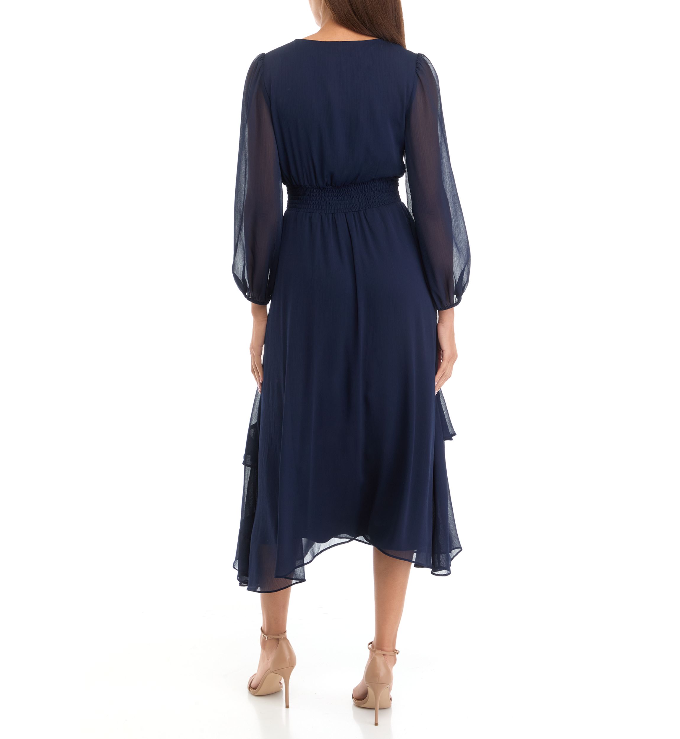 Womens V-Neck Solid Chiffon Fit and Flare Dress