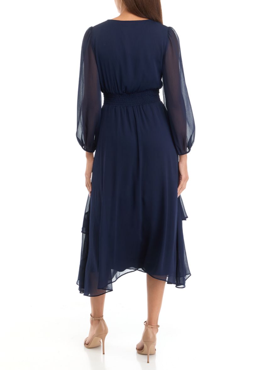 Womens V-Neck Solid Chiffon Fit and Flare Dress