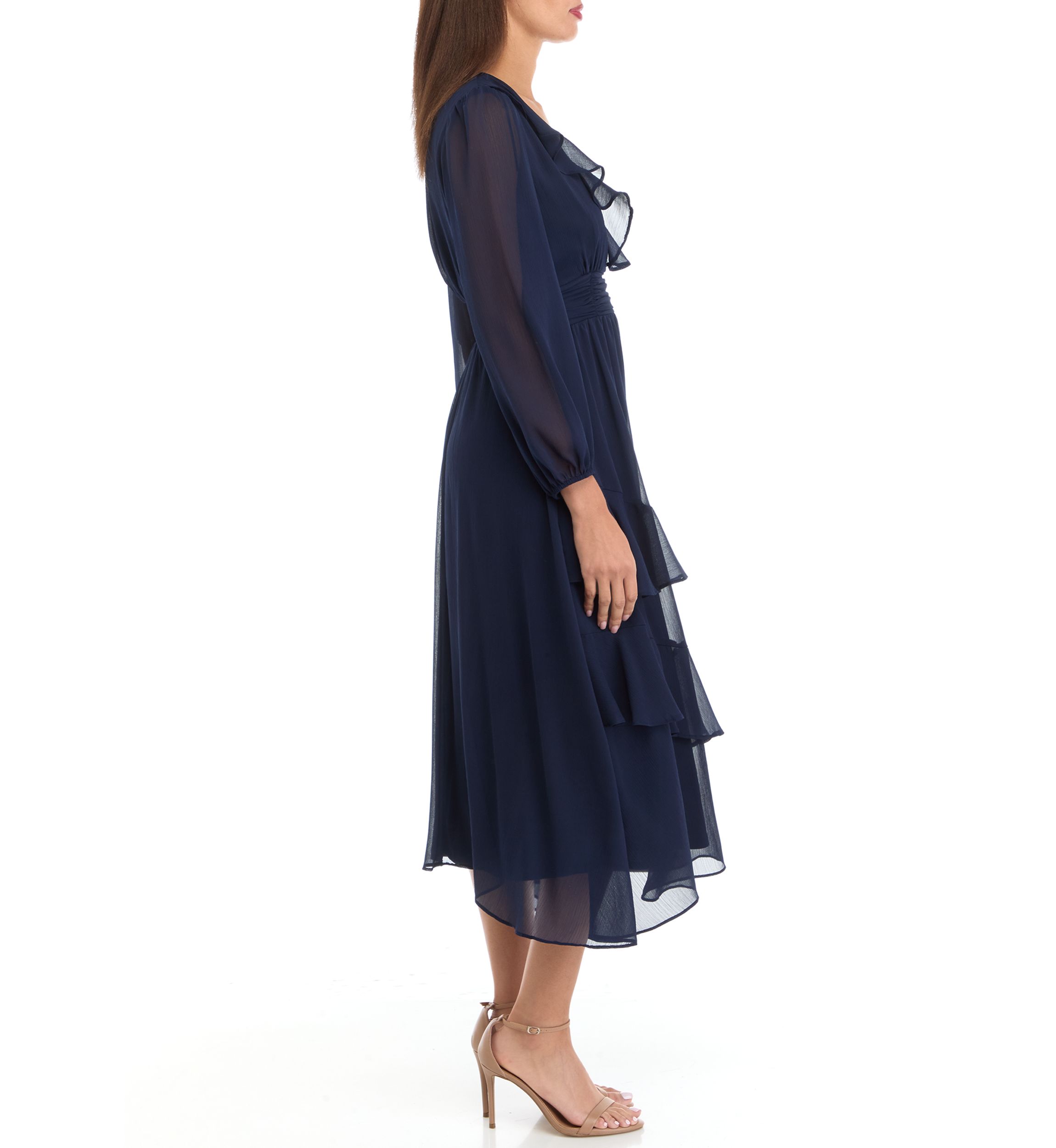 Womens V-Neck Solid Chiffon Fit and Flare Dress