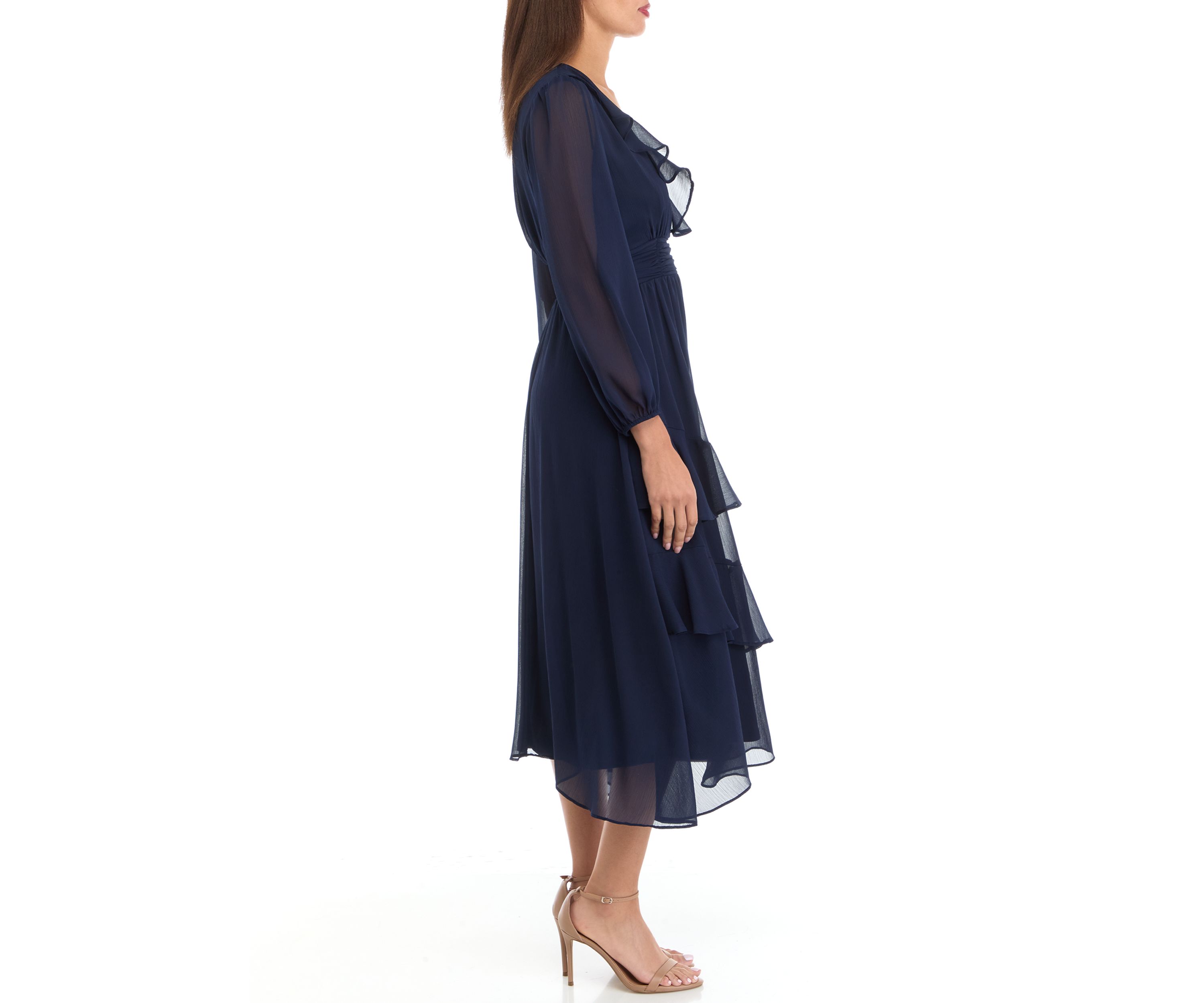 Womens V-Neck Solid Chiffon Fit and Flare Dress
