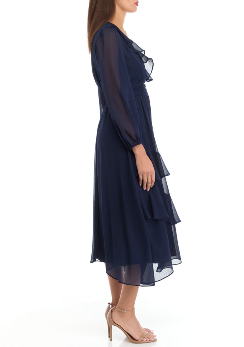 Womens V-Neck Solid Chiffon Fit and Flare Dress