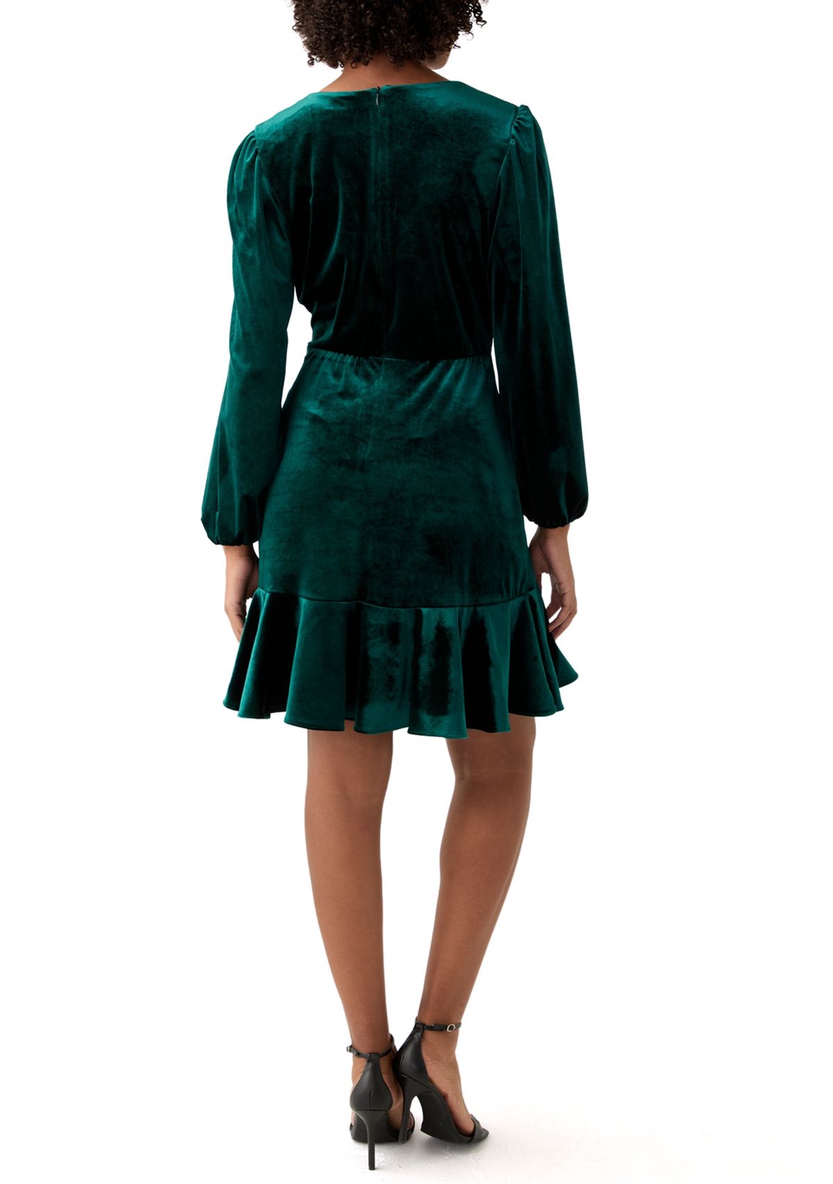 Womens Long Sleeve V-Neck Tie Waist Solid Velvet Fit and Flare Dress