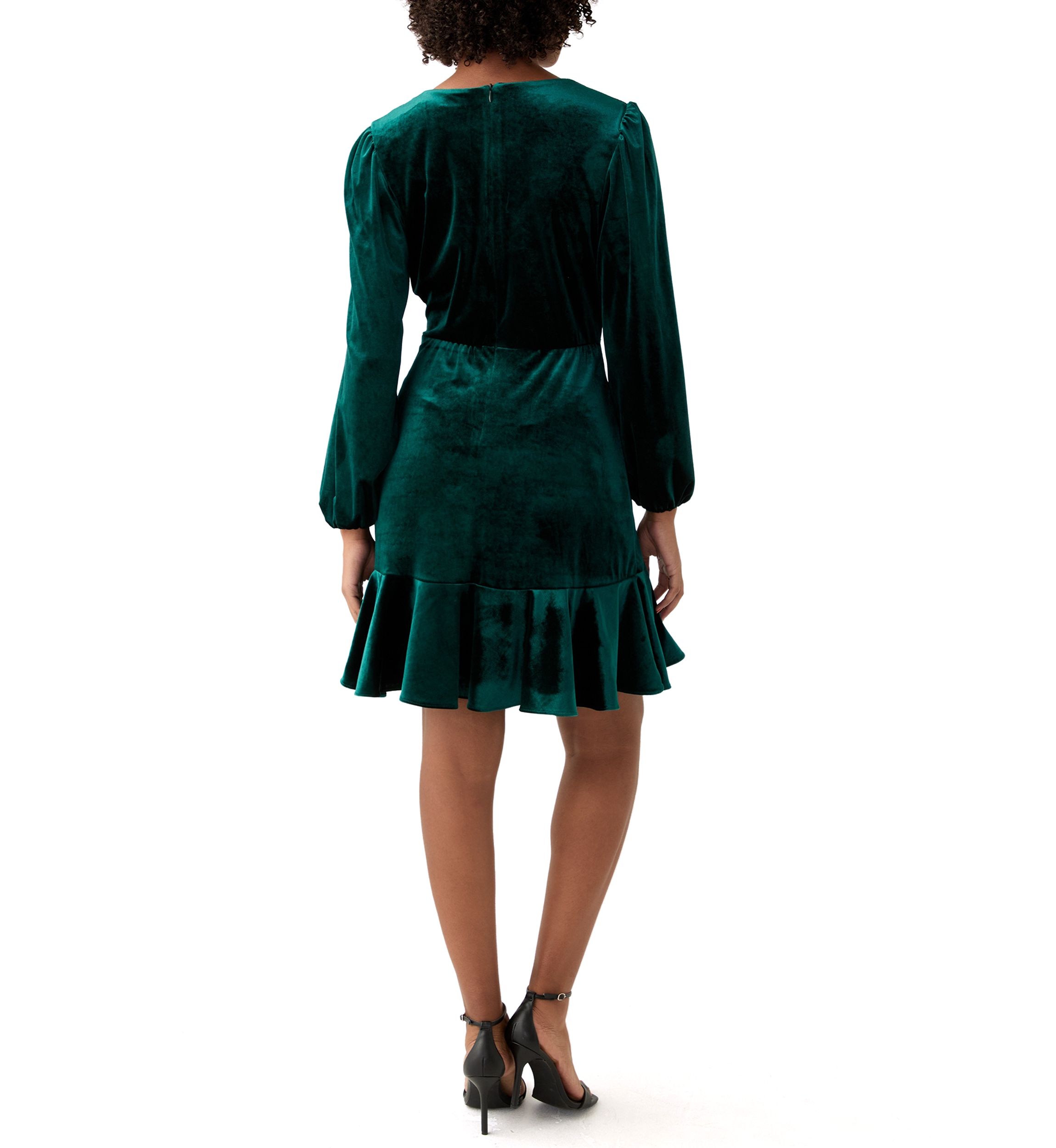 Womens Long Sleeve V-Neck Tie Waist Solid Velvet Fit and Flare Dress