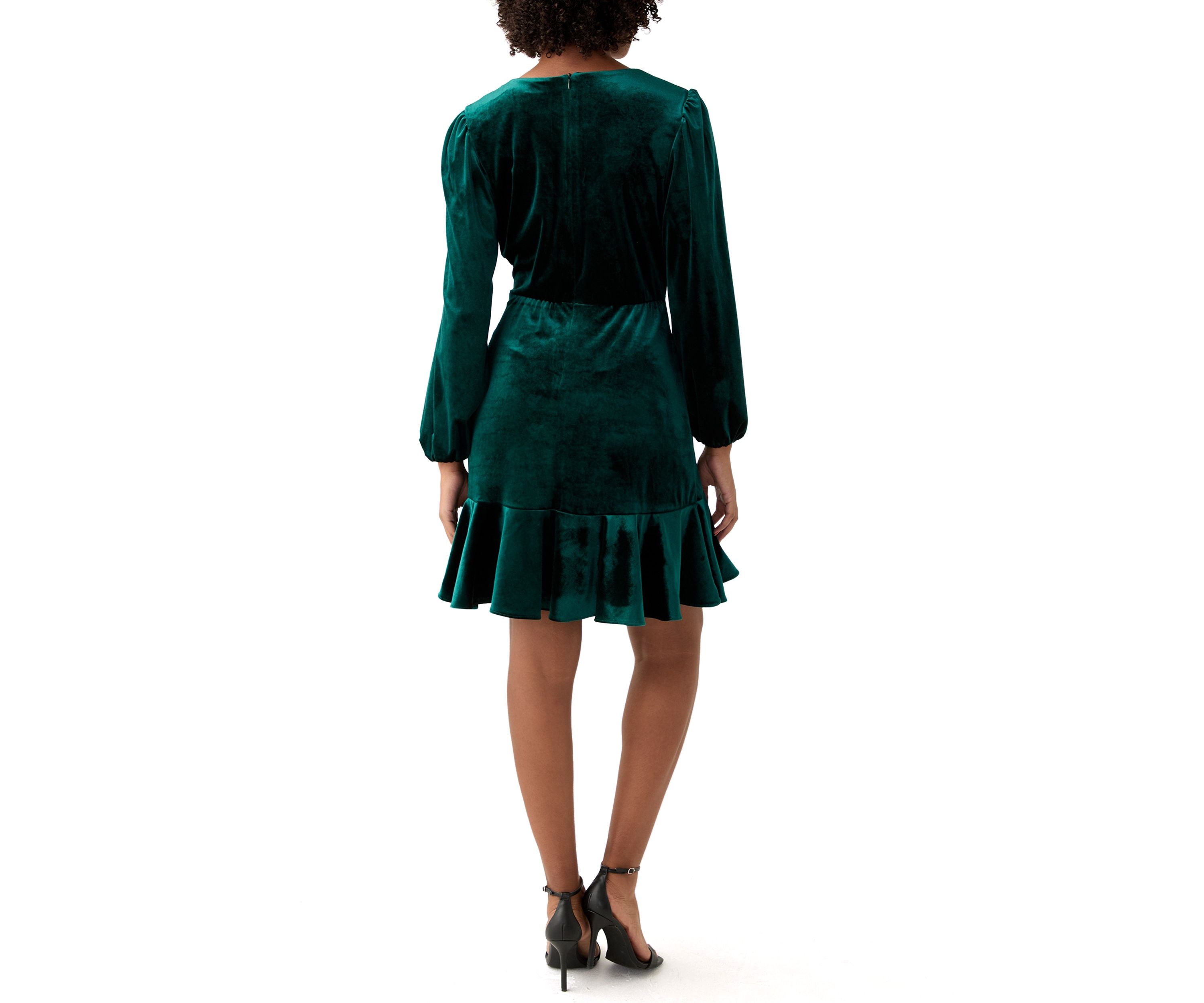 Womens Long Sleeve V-Neck Tie Waist Solid Velvet Fit and Flare Dress