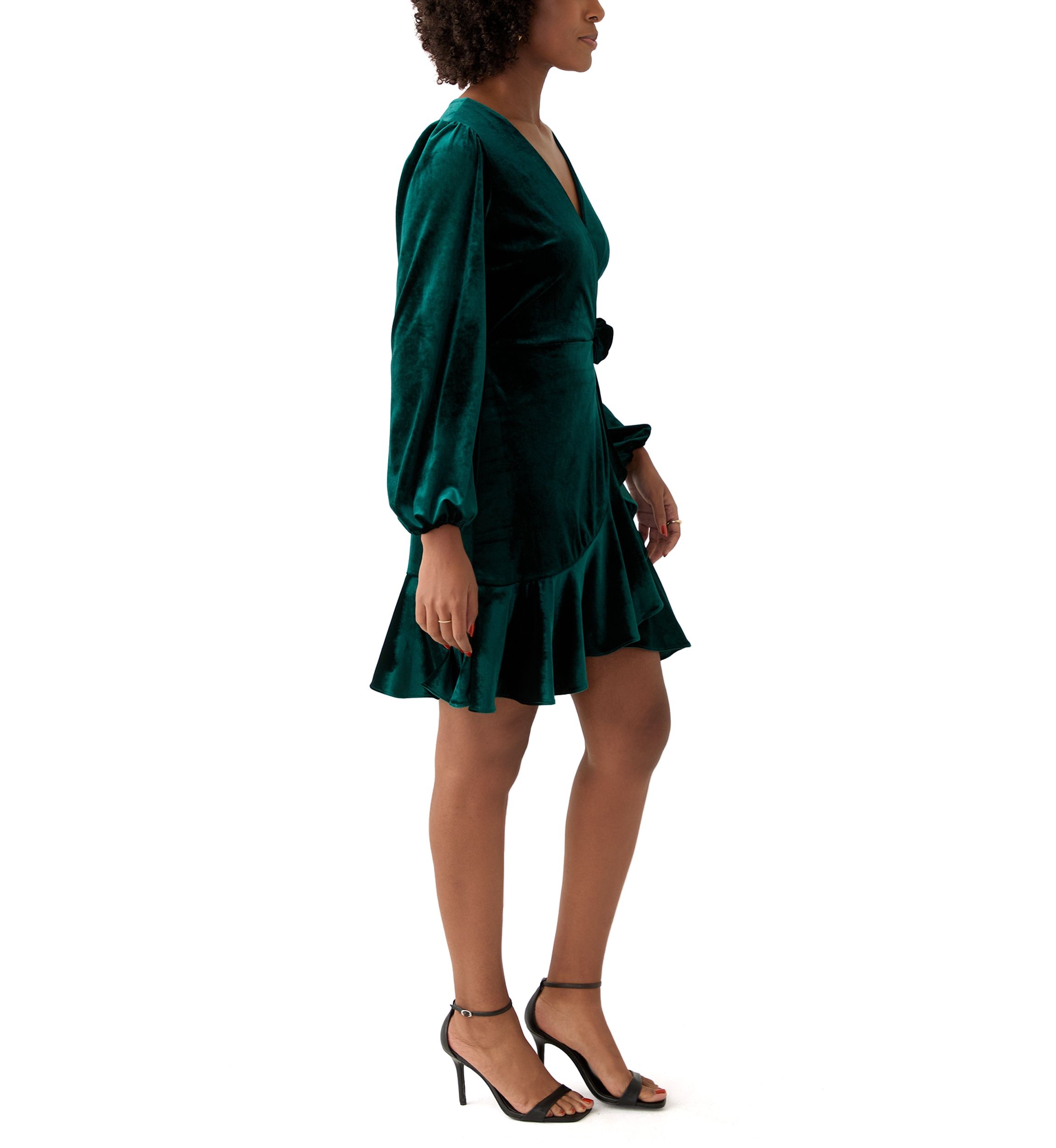 Womens Long Sleeve V-Neck Tie Waist Solid Velvet Fit and Flare Dress