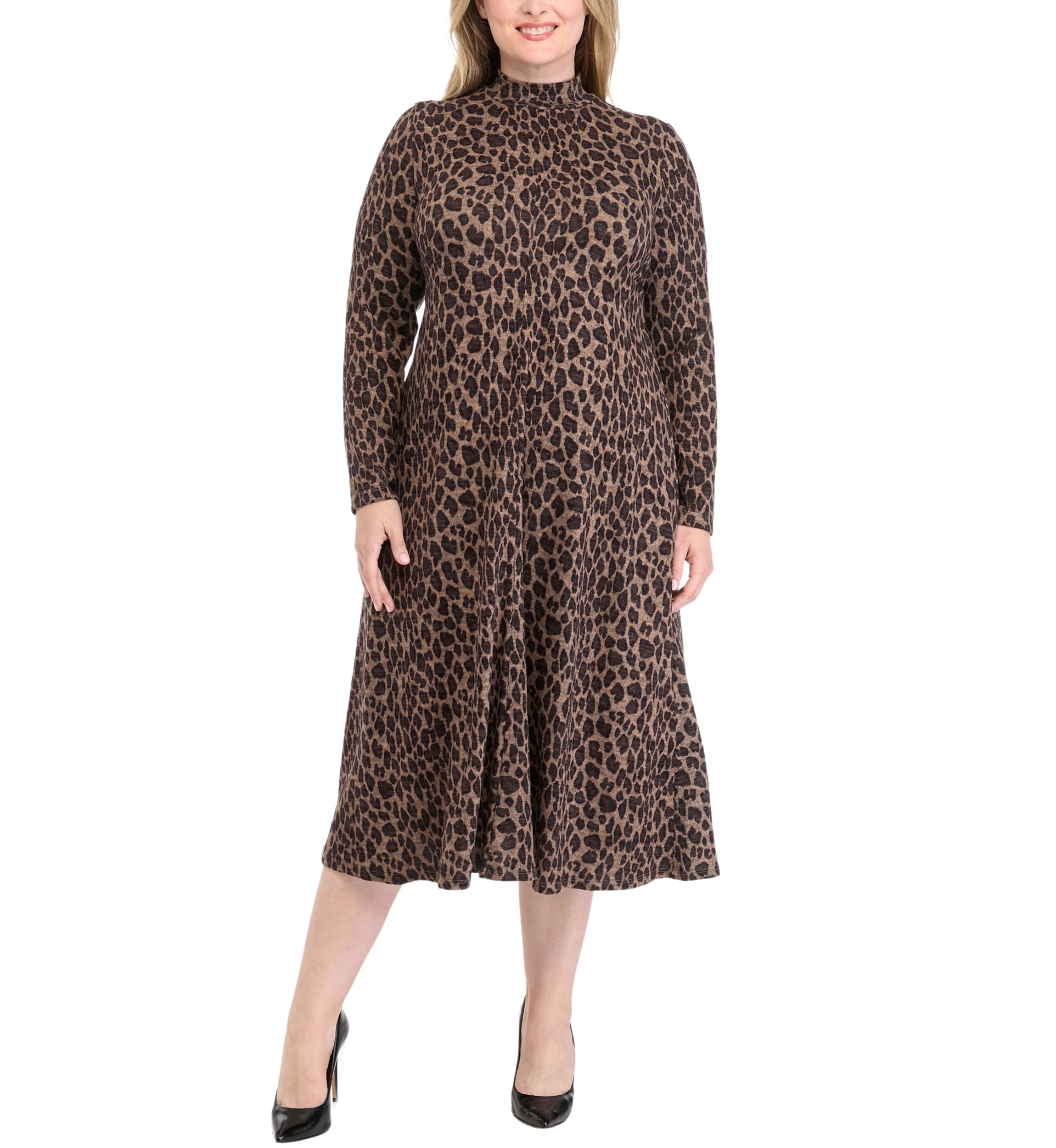 Plus Size Long Sleeve High Neck Printed Fit and Flare Dress