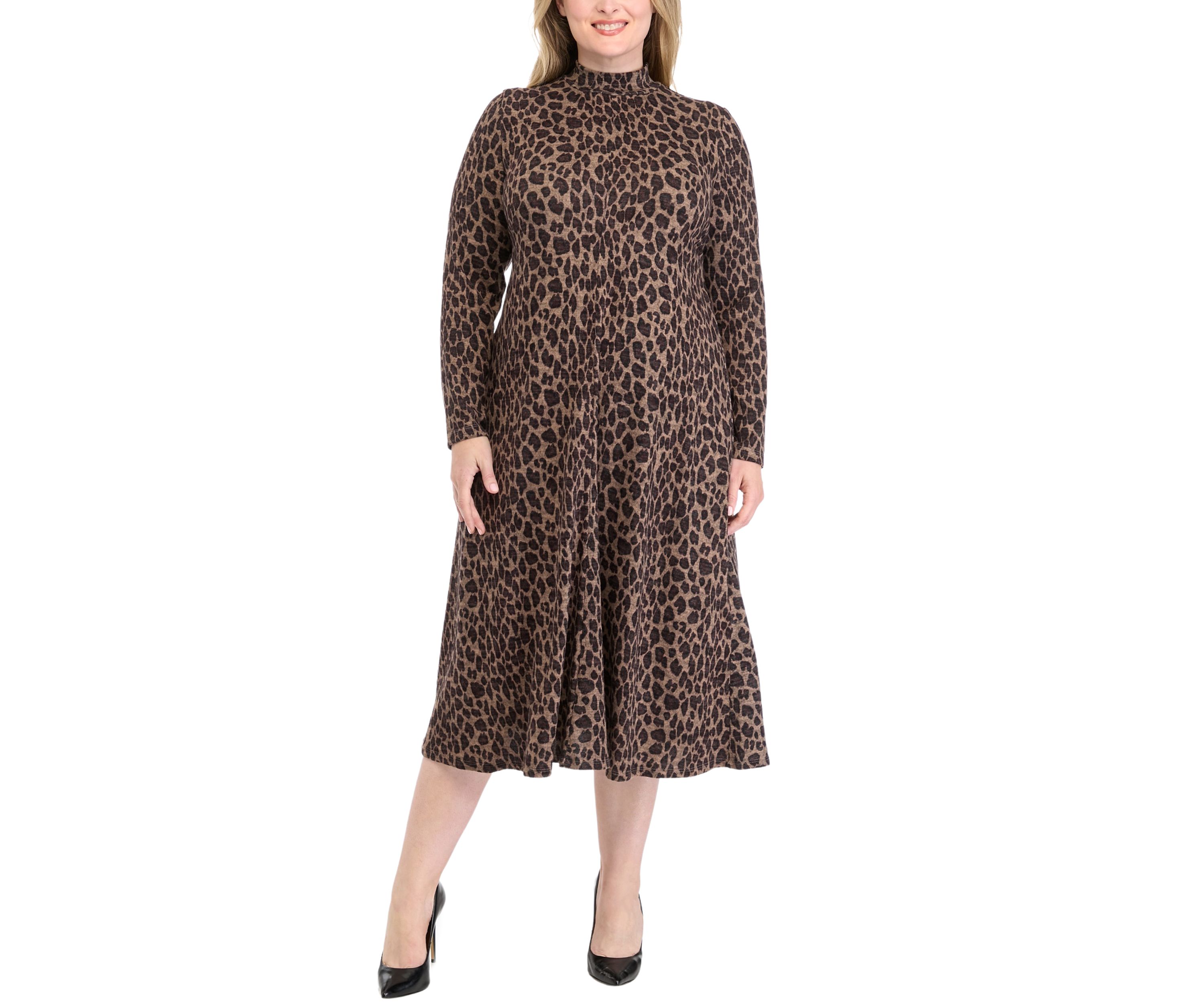 Plus Size Long Sleeve High Neck Printed Fit and Flare Dress
