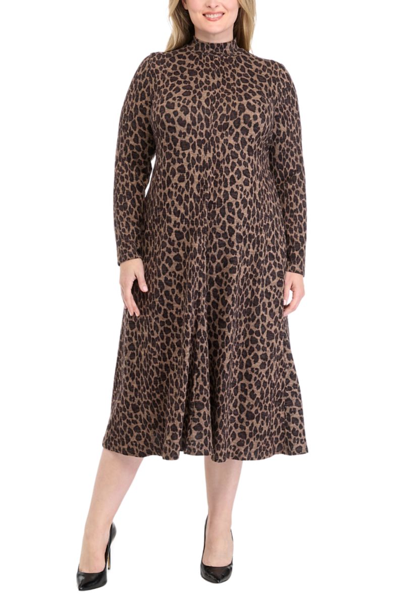 Plus Size Long Sleeve High Neck Printed Fit and Flare Dress
