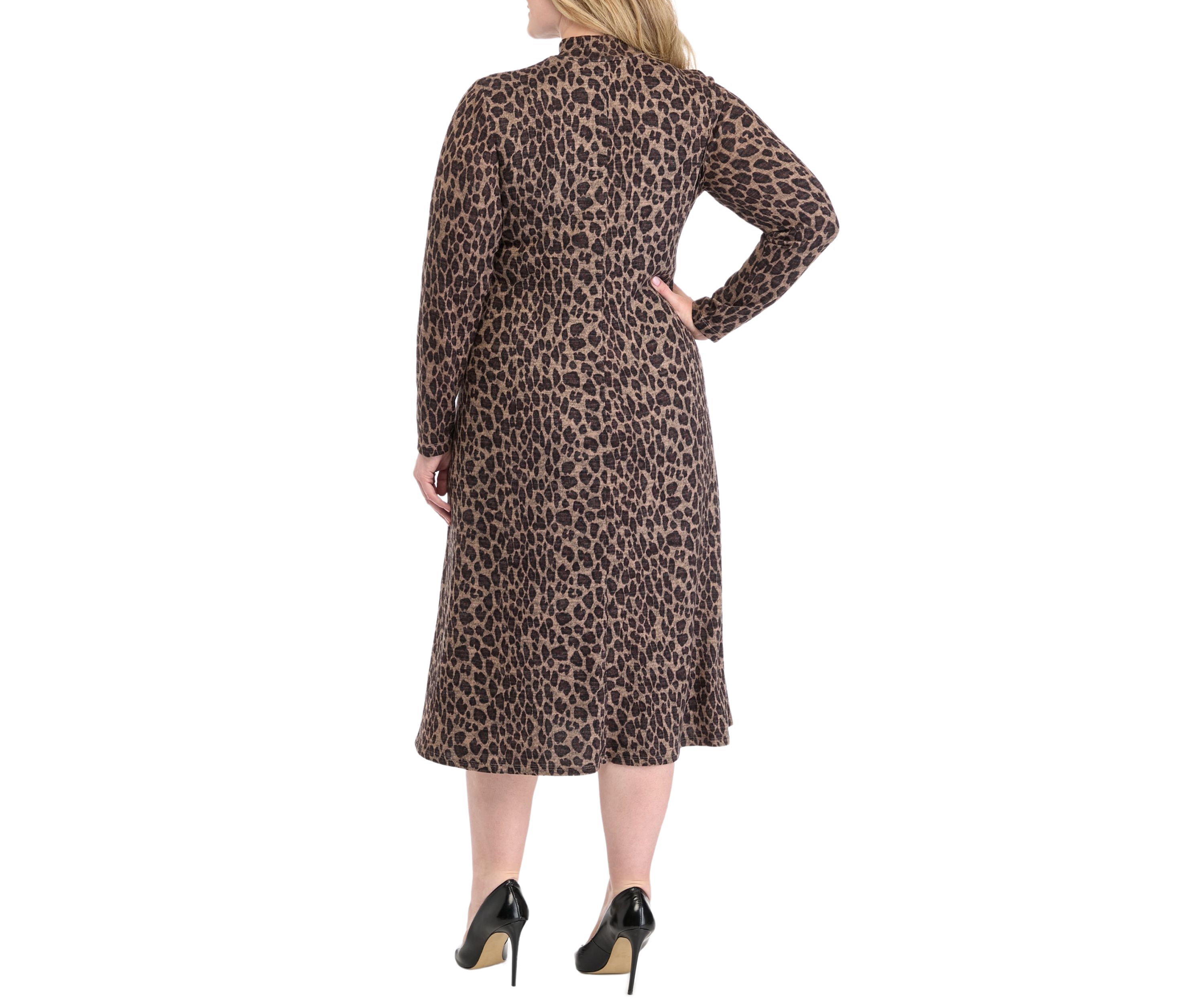 Plus Size Long Sleeve High Neck Printed Fit and Flare Dress
