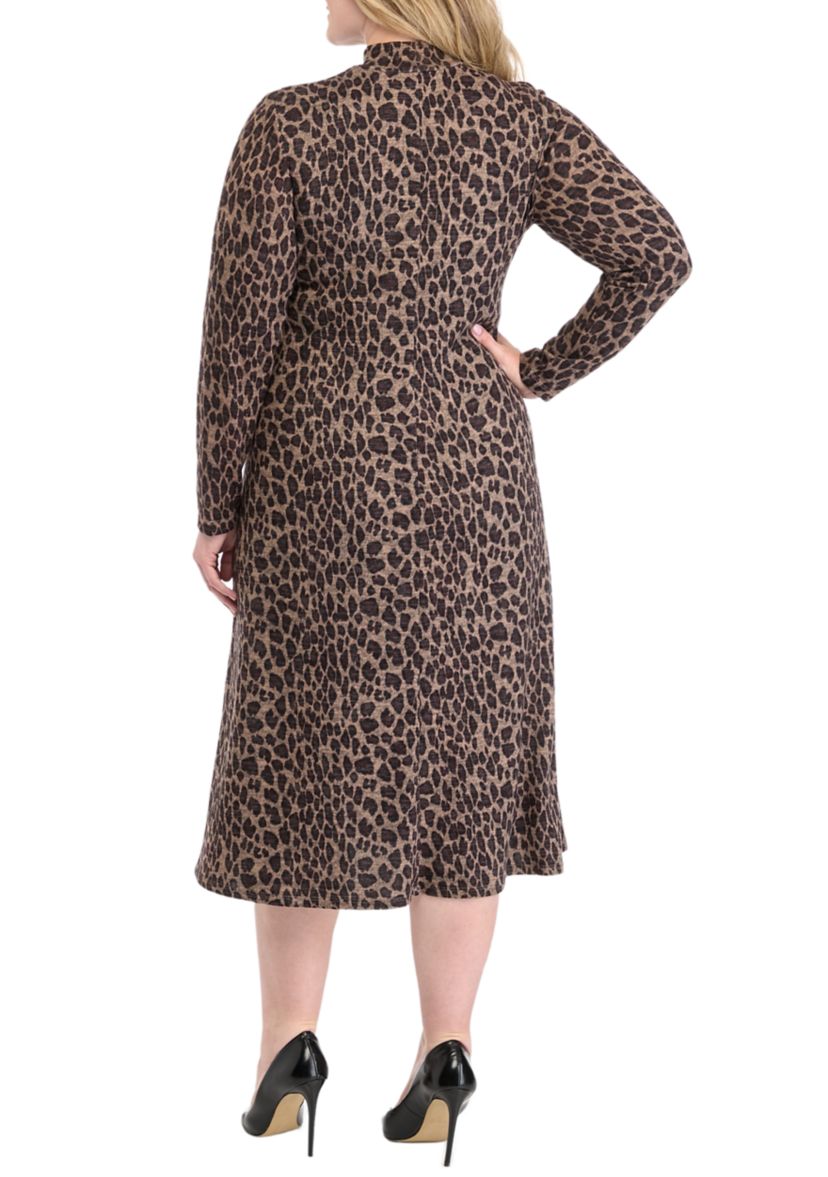 Plus Size Long Sleeve High Neck Printed Fit and Flare Dress