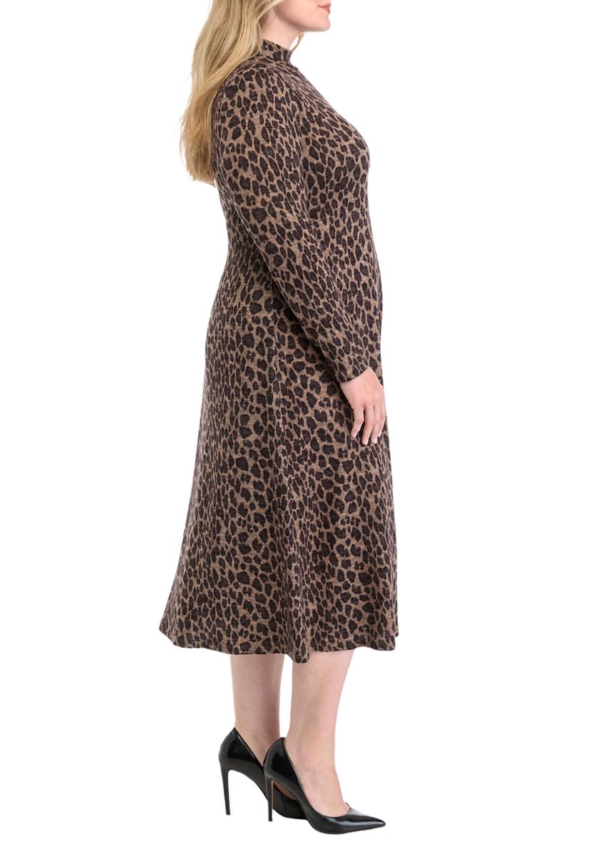 Plus Size Long Sleeve High Neck Printed Fit and Flare Dress