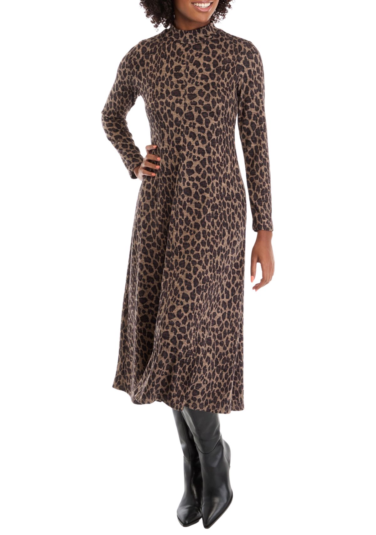 Womens Long Sleeve High Neck Animal Print Hacci A-Line Dress