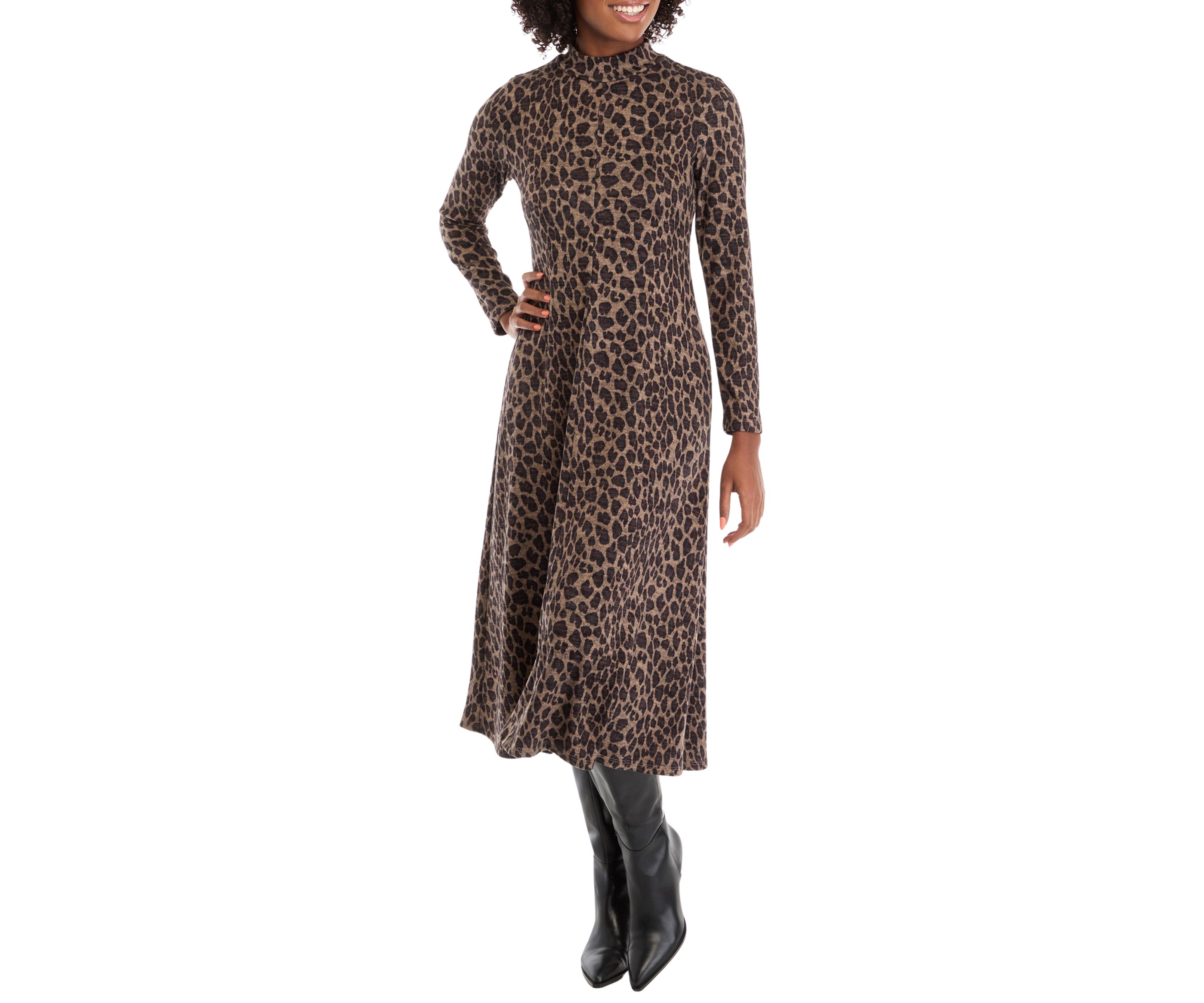 Womens Long Sleeve High Neck Animal Print Hacci A-Line Dress