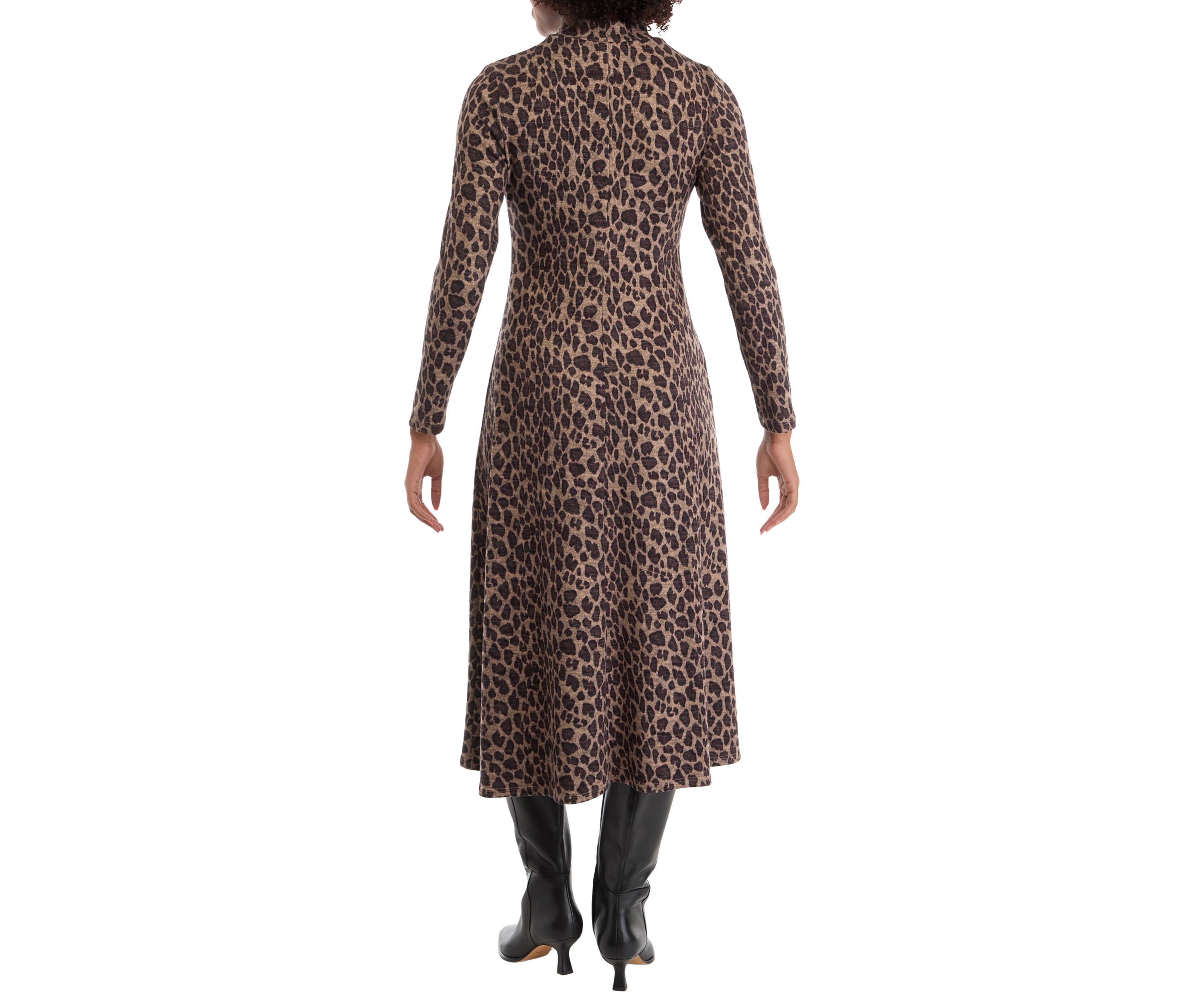 Womens Long Sleeve High Neck Animal Print Hacci A-Line Dress