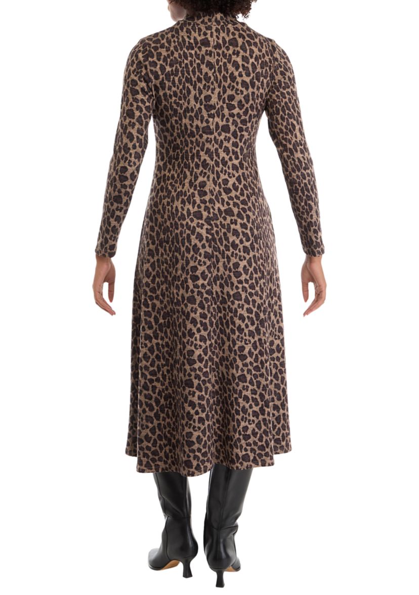 Womens Long Sleeve High Neck Animal Print Hacci A-Line Dress