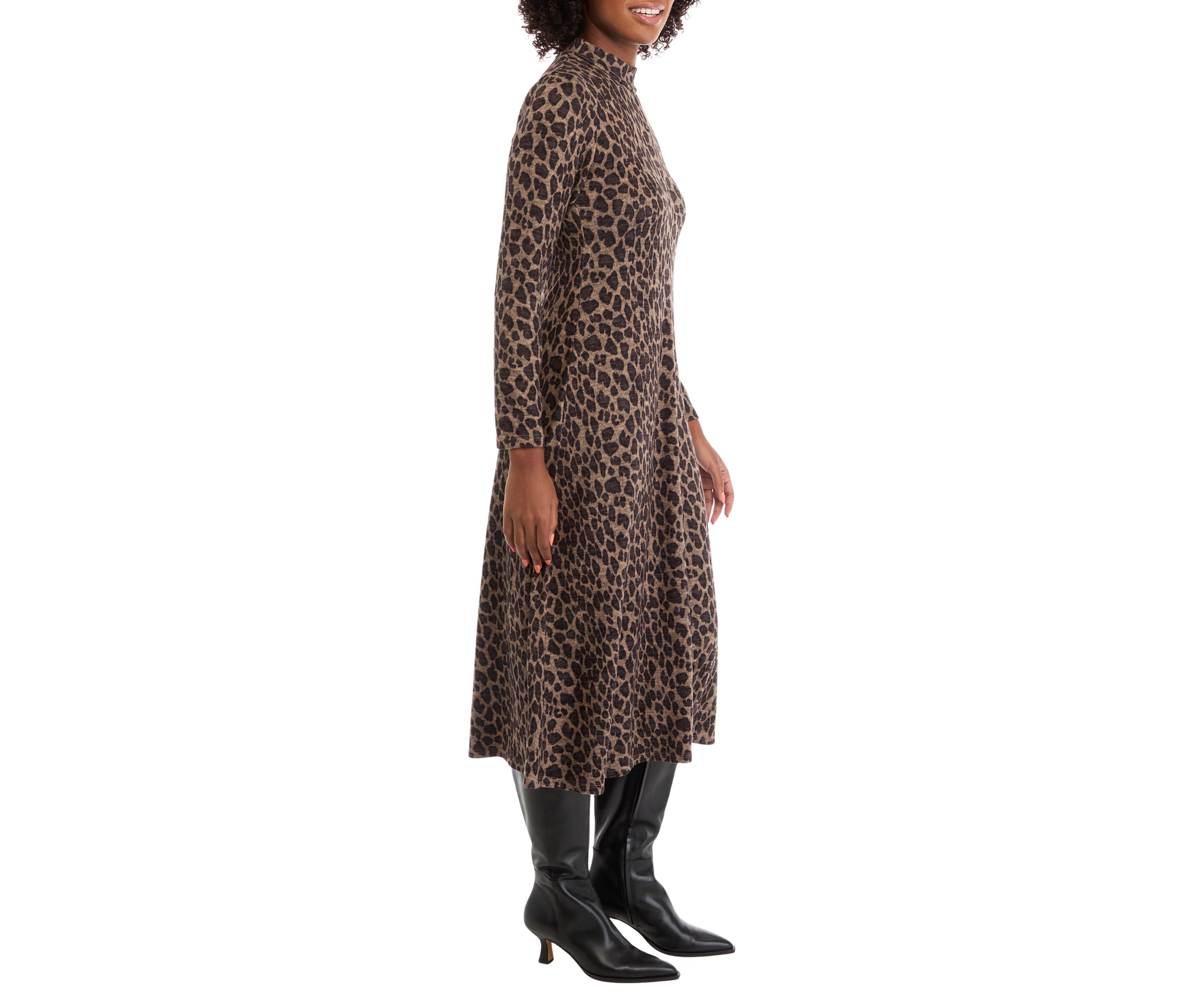 Womens Long Sleeve High Neck Animal Print Hacci A-Line Dress