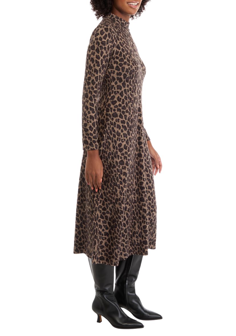 Womens Long Sleeve High Neck Animal Print Hacci A-Line Dress