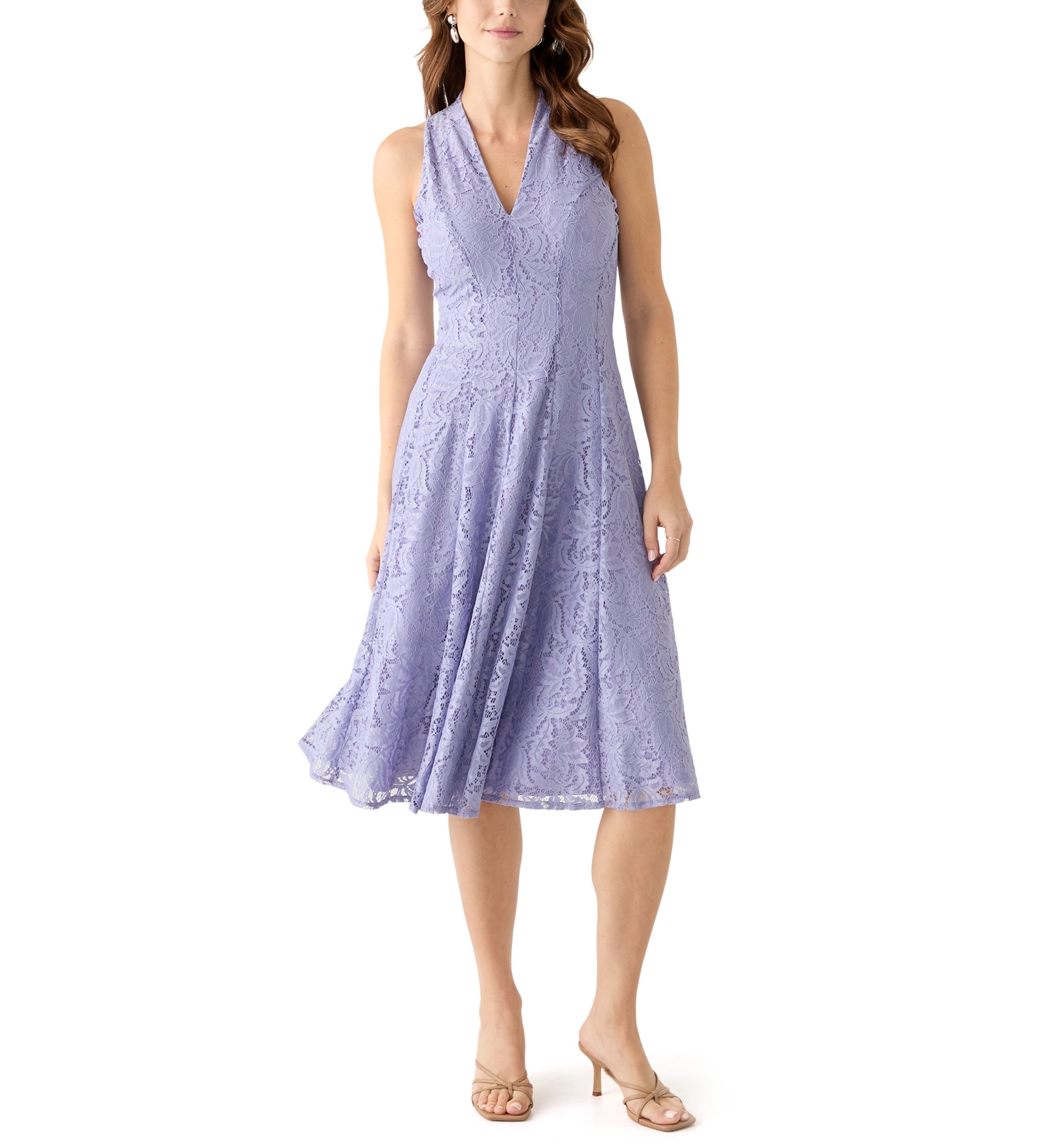 Womens Sleeveless V-Neck Solid Lace Dress