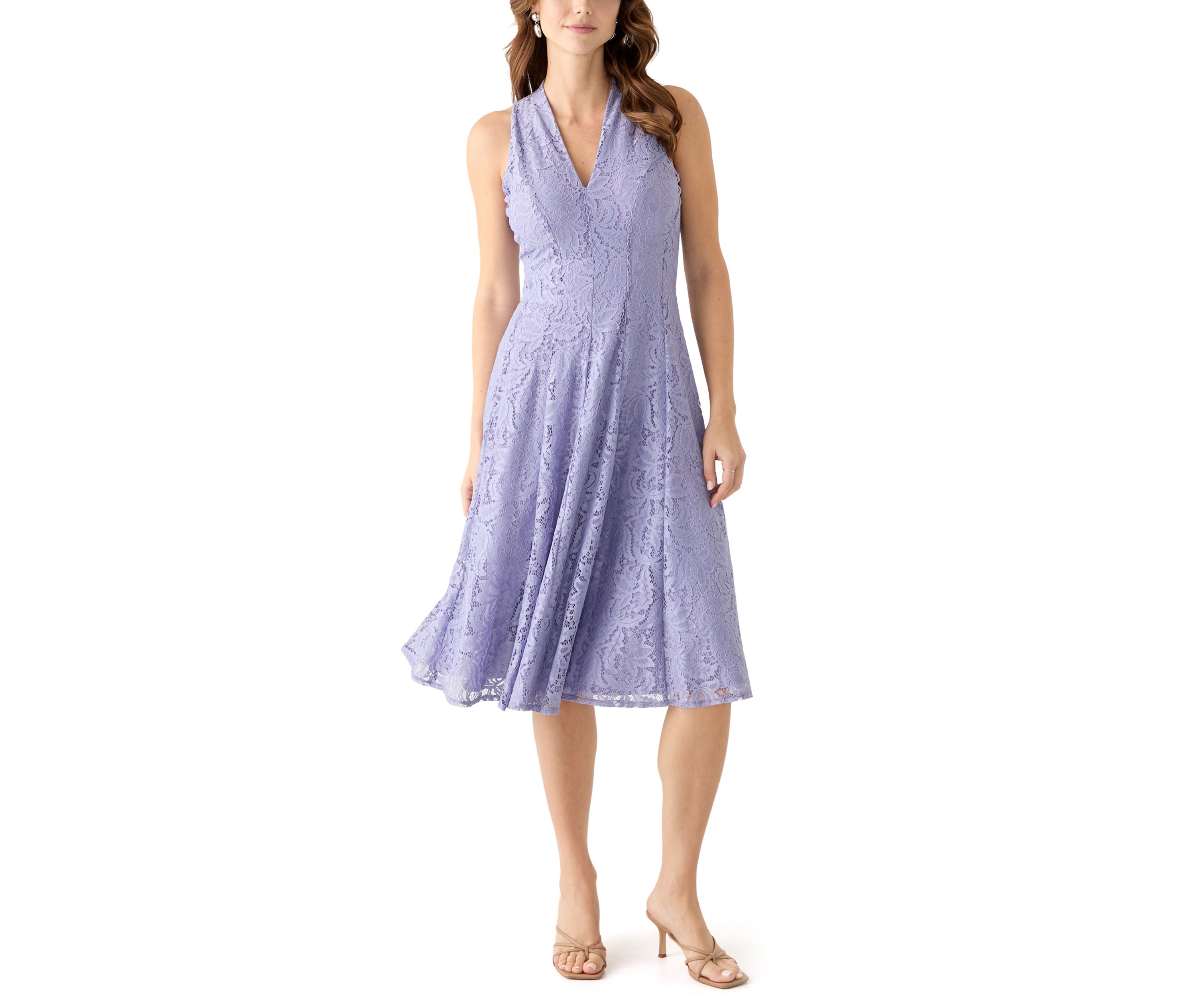Womens Sleeveless V-Neck Solid Lace Dress