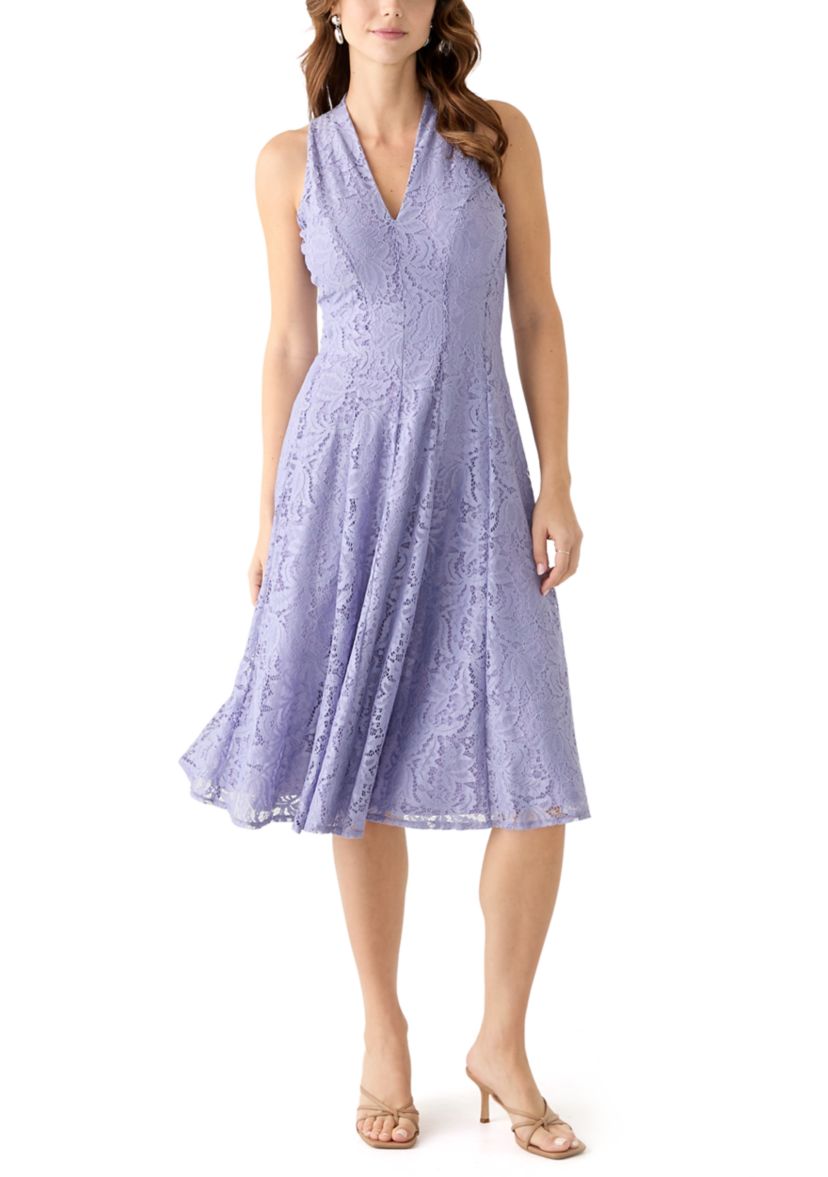 Womens Sleeveless V-Neck Solid Lace Dress