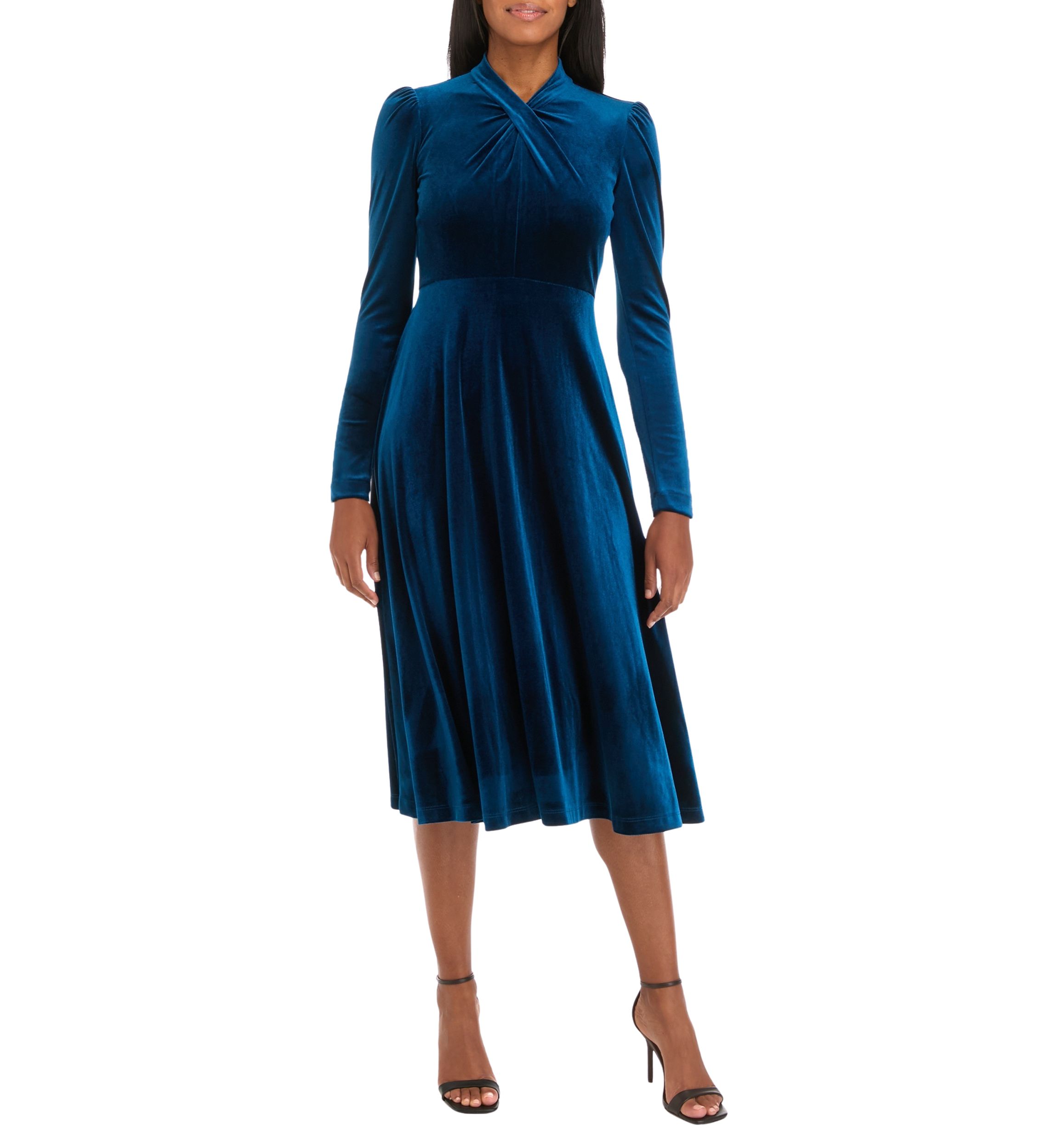 Womens Long Sleeve Mock Neck Solid Velvet Fit and Flare Dress
