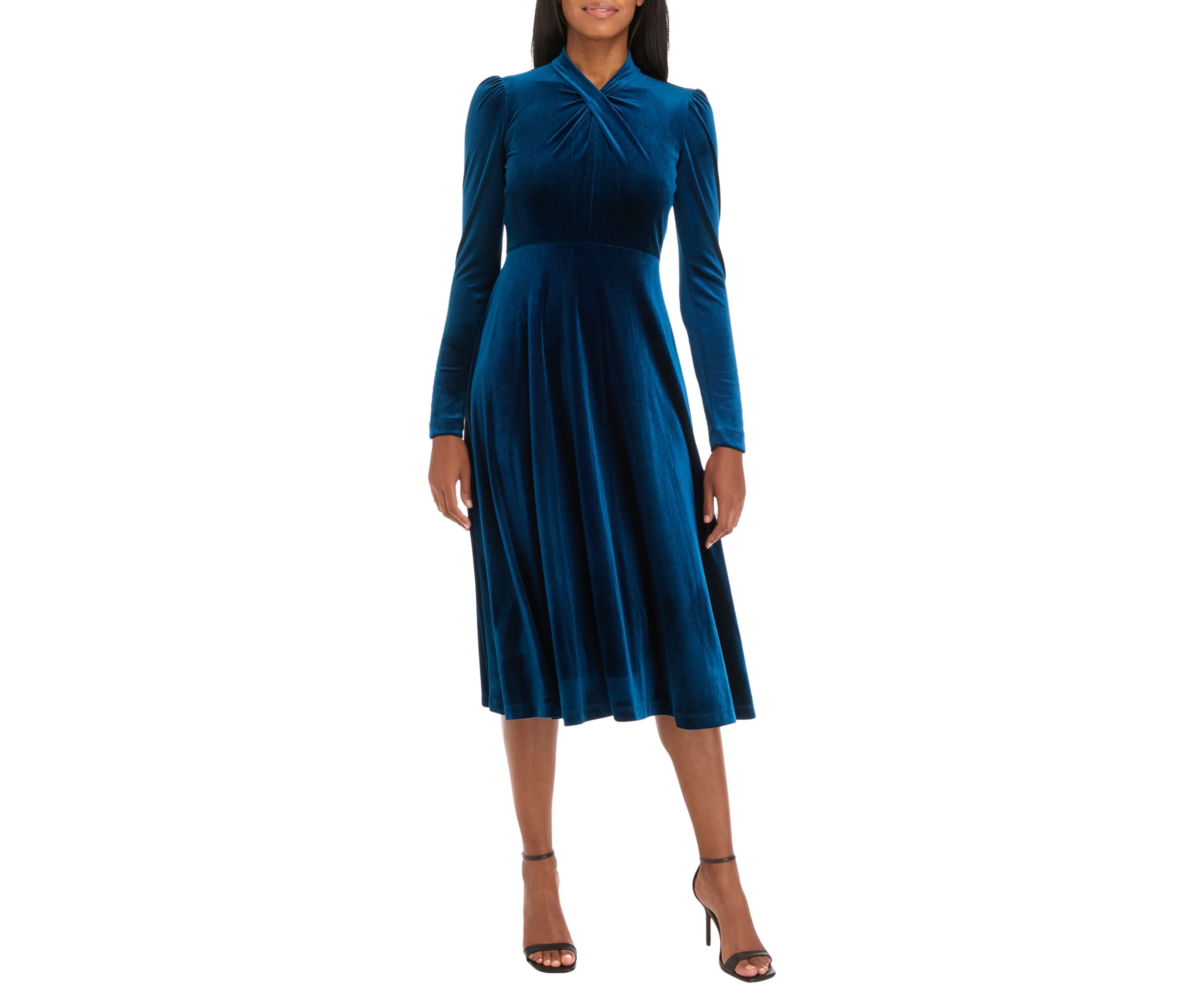 Womens Long Sleeve Mock Neck Solid Velvet Fit and Flare Dress