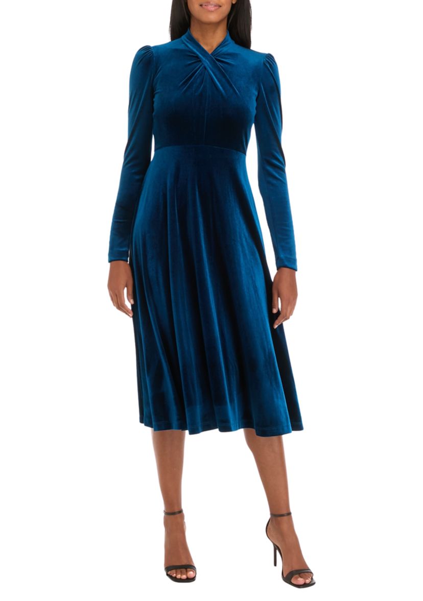 Womens Long Sleeve Mock Neck Solid Velvet Fit and Flare Dress