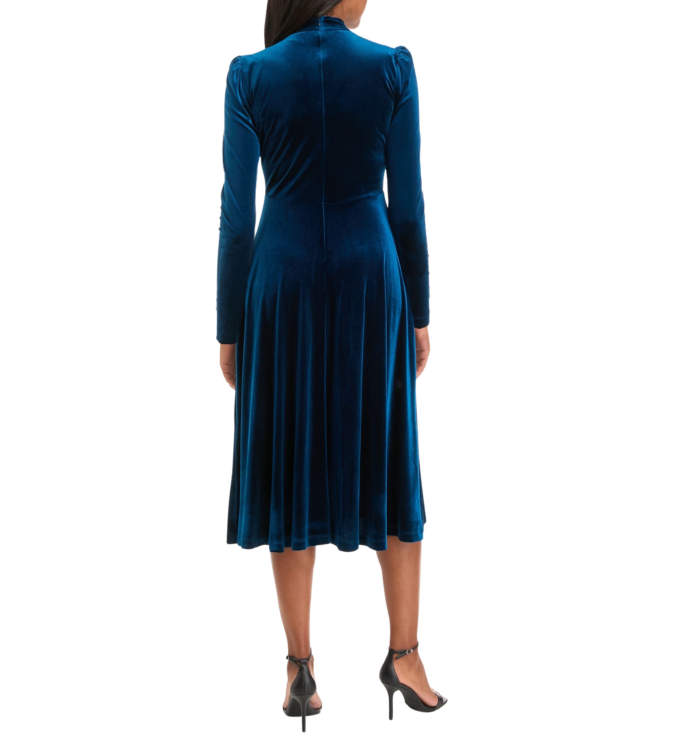 Womens Long Sleeve Mock Neck Solid Velvet Fit and Flare Dress