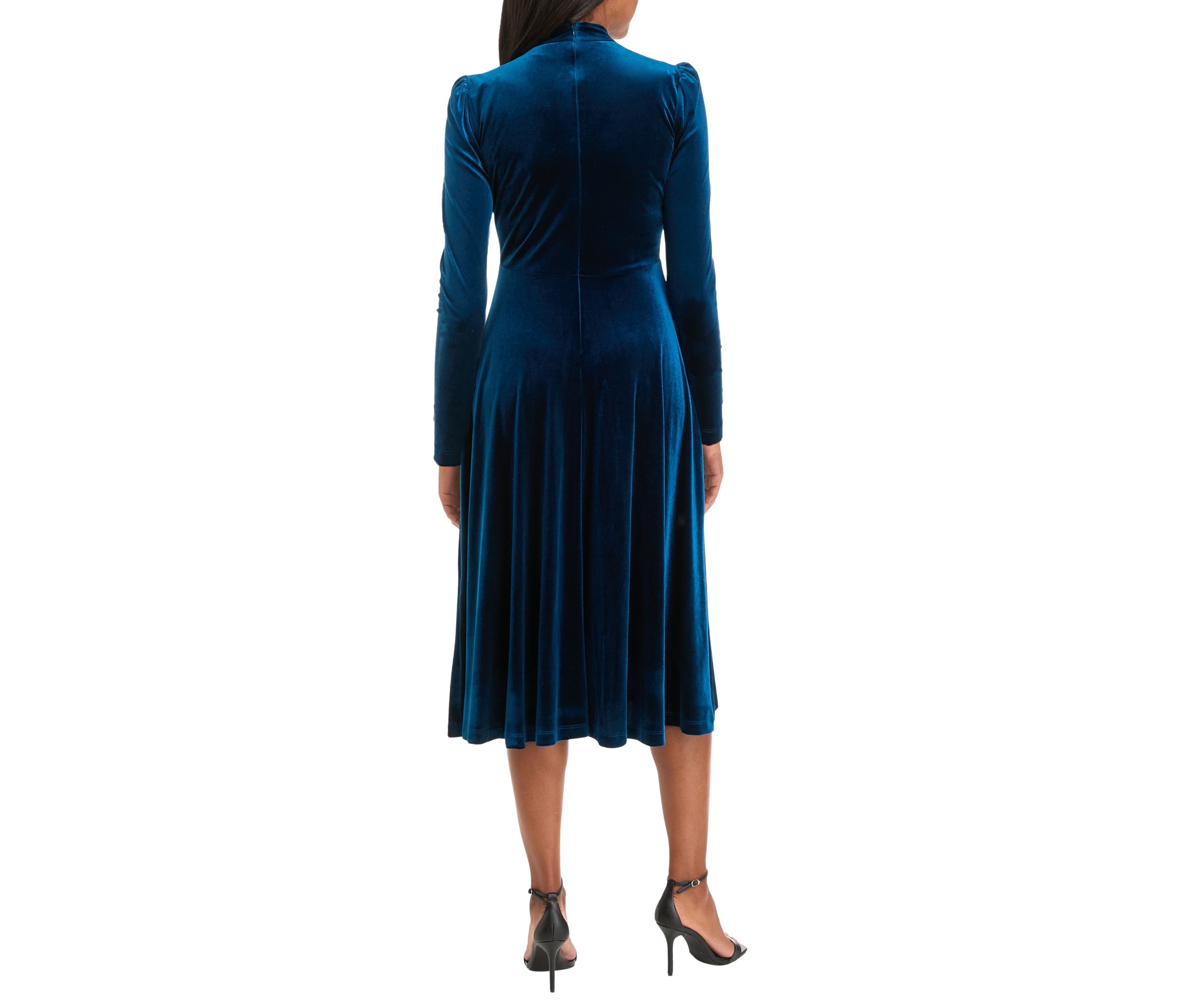 Womens Long Sleeve Mock Neck Solid Velvet Fit and Flare Dress