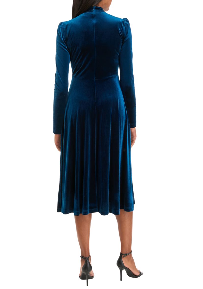 Womens Long Sleeve Mock Neck Solid Velvet Fit and Flare Dress