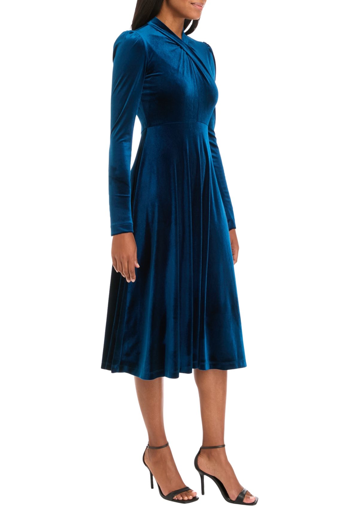 Womens Long Sleeve Mock Neck Solid Velvet Fit and Flare Dress