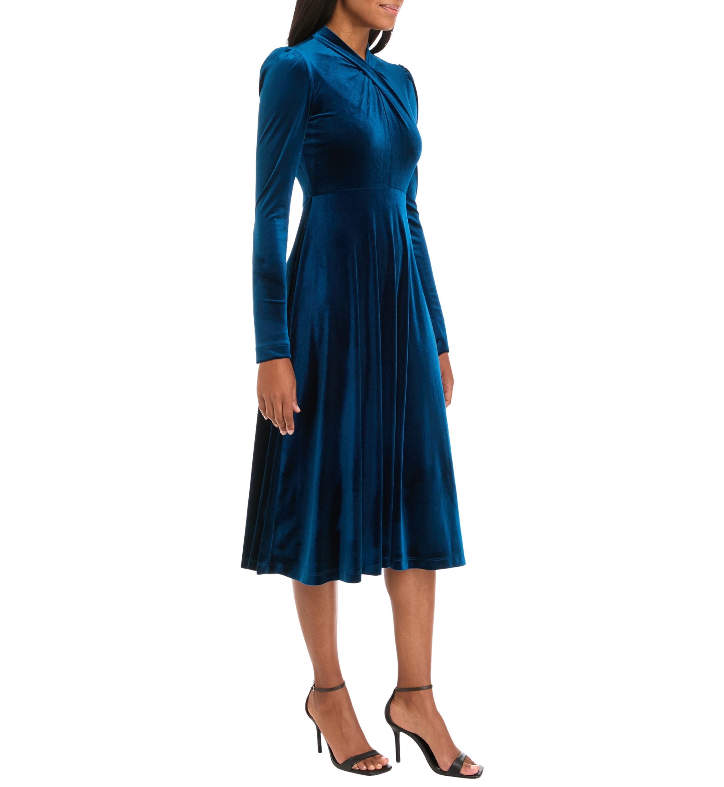 Womens Long Sleeve Mock Neck Solid Velvet Fit and Flare Dress