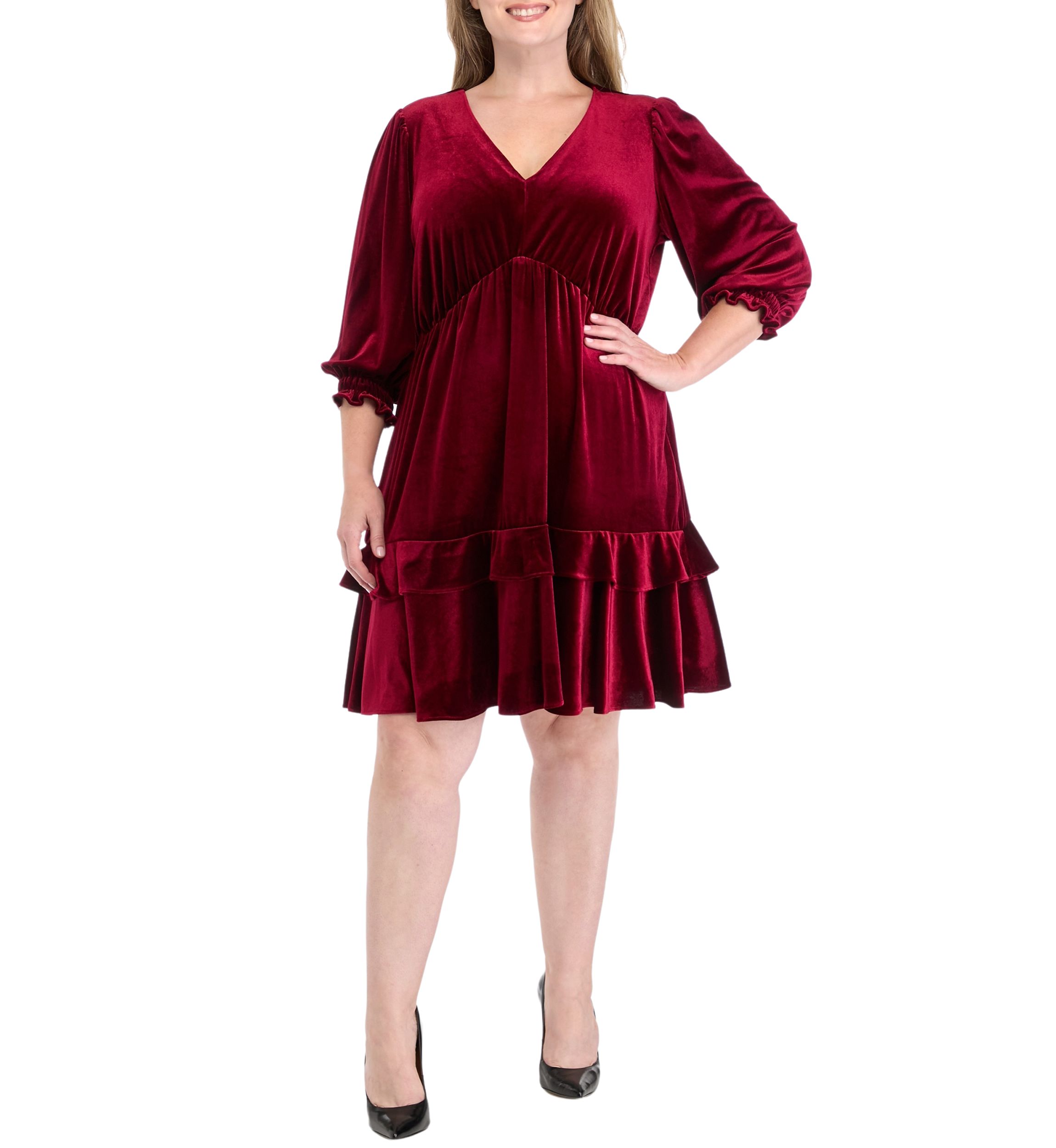 Plus Size 3/4 Sleeve V-Neck Burnout Babydoll Dress