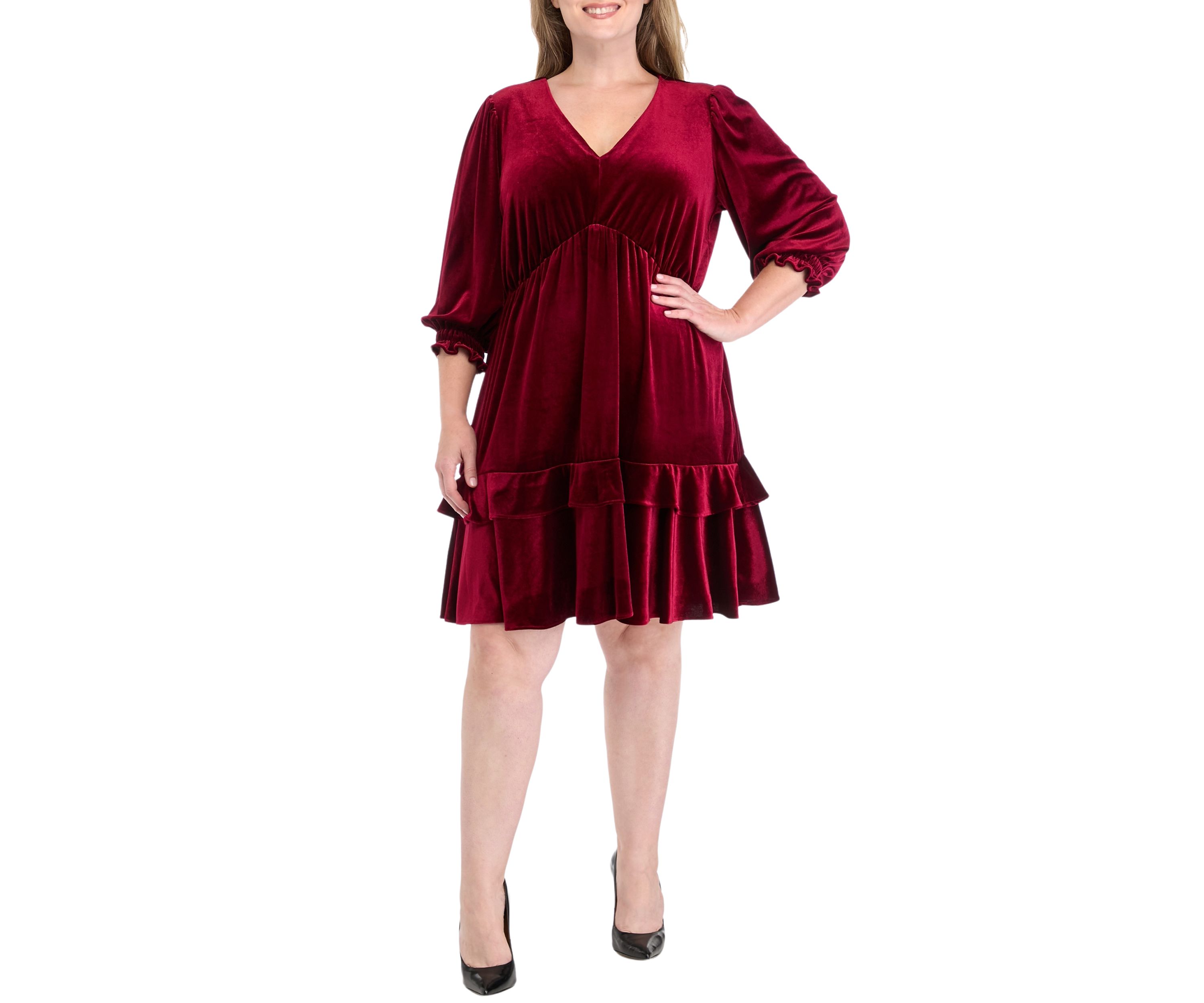 Plus Size 3/4 Sleeve V-Neck Burnout Babydoll Dress