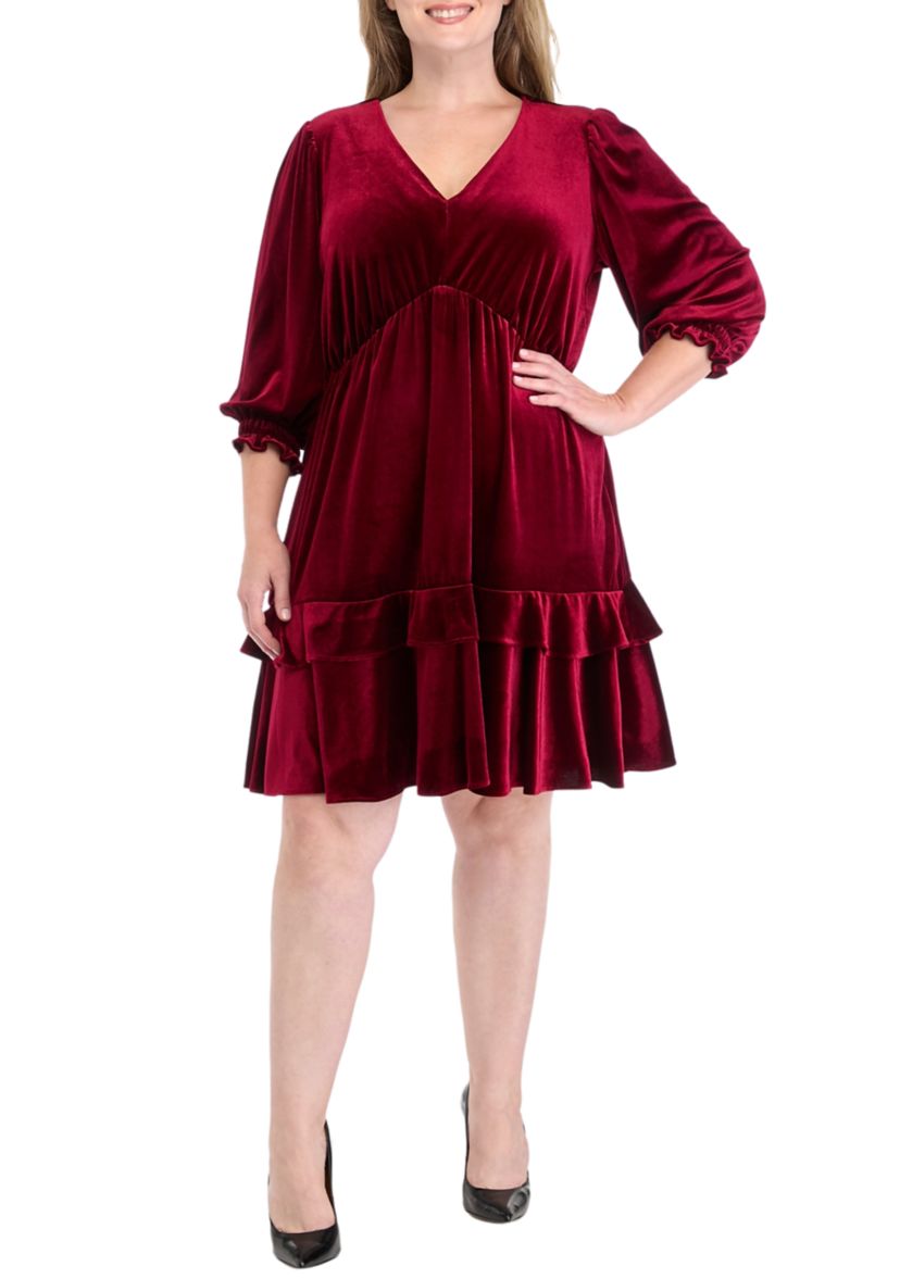 Plus Size 3/4 Sleeve V-Neck Burnout Babydoll Dress