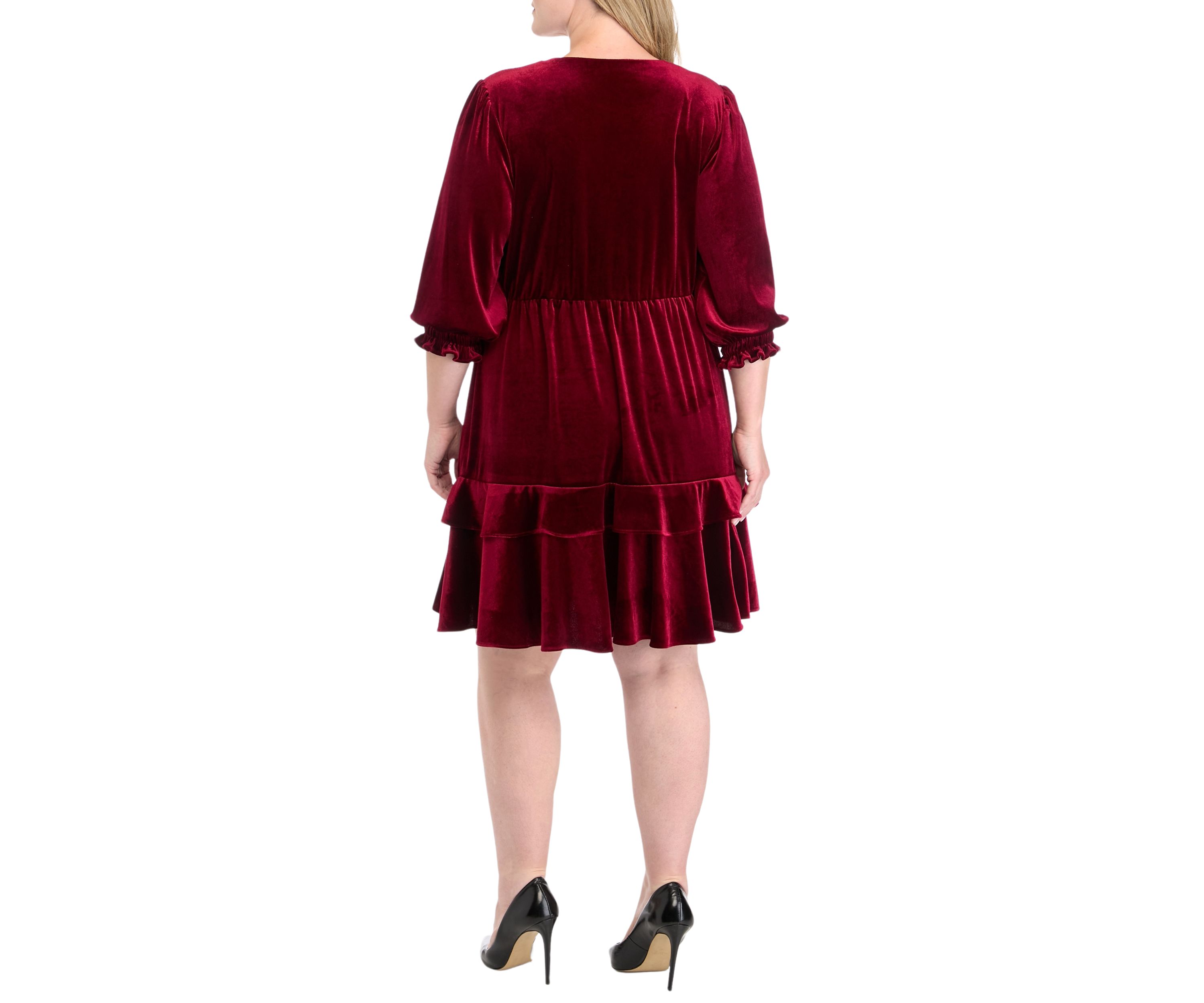 Plus Size 3/4 Sleeve V-Neck Burnout Babydoll Dress
